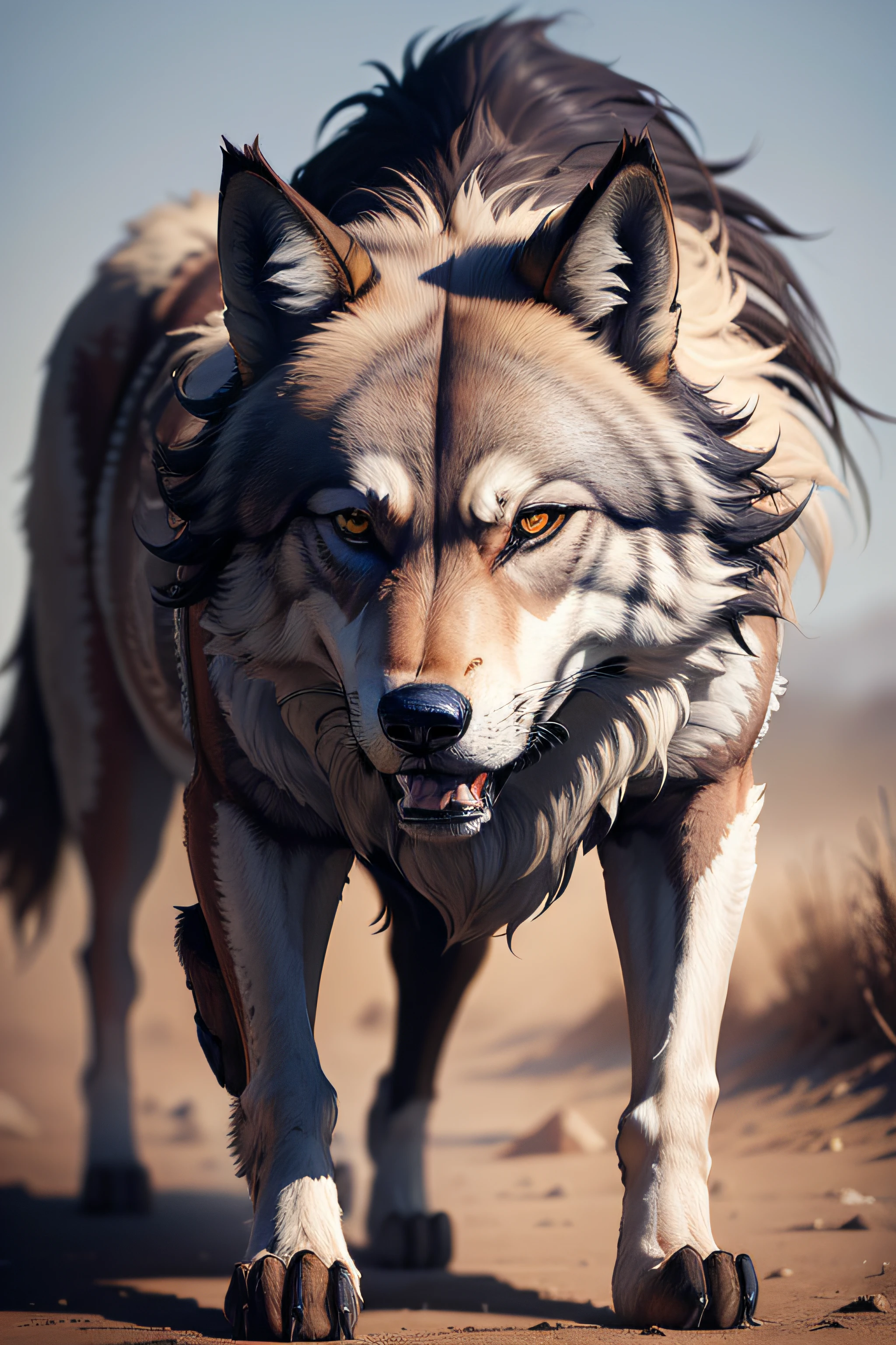 Majestic wild wolf standing in natural habitat, Powerful presence and vivid coating.