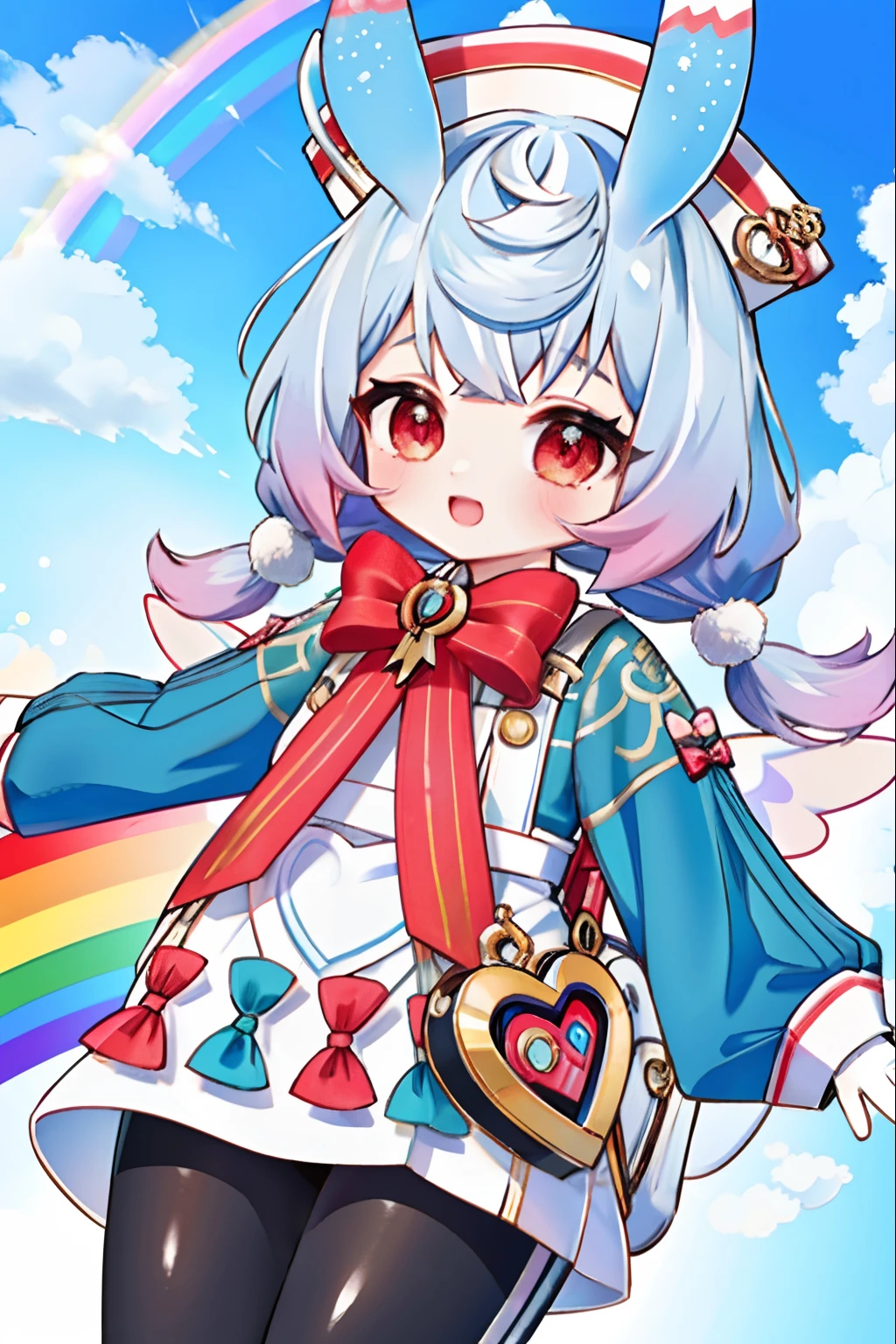 (masutepiece, Best Quality, hight resolution, ultra-detailliert:1.2), (Solo, 1girl in, Cowboy Shot), BREAK, Shigewin, Red Eyes, Blue hair, low twintails, Animal ears, hat, Long sleeves, gloves, Dress, Pants, leggins, Wings, BREAK, Smile, Open mouth, blush, (Jumping:1.3), (looking upwards, Looking at Viewer:1.2), BREAK, (Blue sky, Clouds, Outdoors, rainbow, Detailed background:1.3)