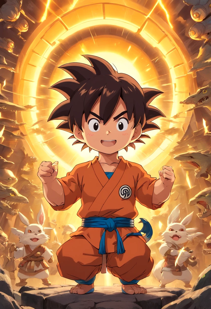 master part,melhor qualidade, illustration, goku boneco funko pop,Belo brilho detalhado,(Chamas de guerra:1.2),Detailed lighting,(belos olhos detalhados:1.1), sorriso,