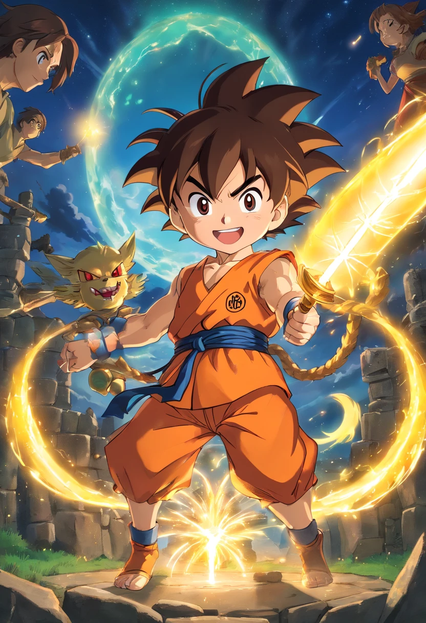 master part,melhor qualidade, illustration, goku boneco funko pop,Belo brilho detalhado,(Chamas de guerra:1.2),Detailed lighting,(belos olhos detalhados:1.1), sorriso,