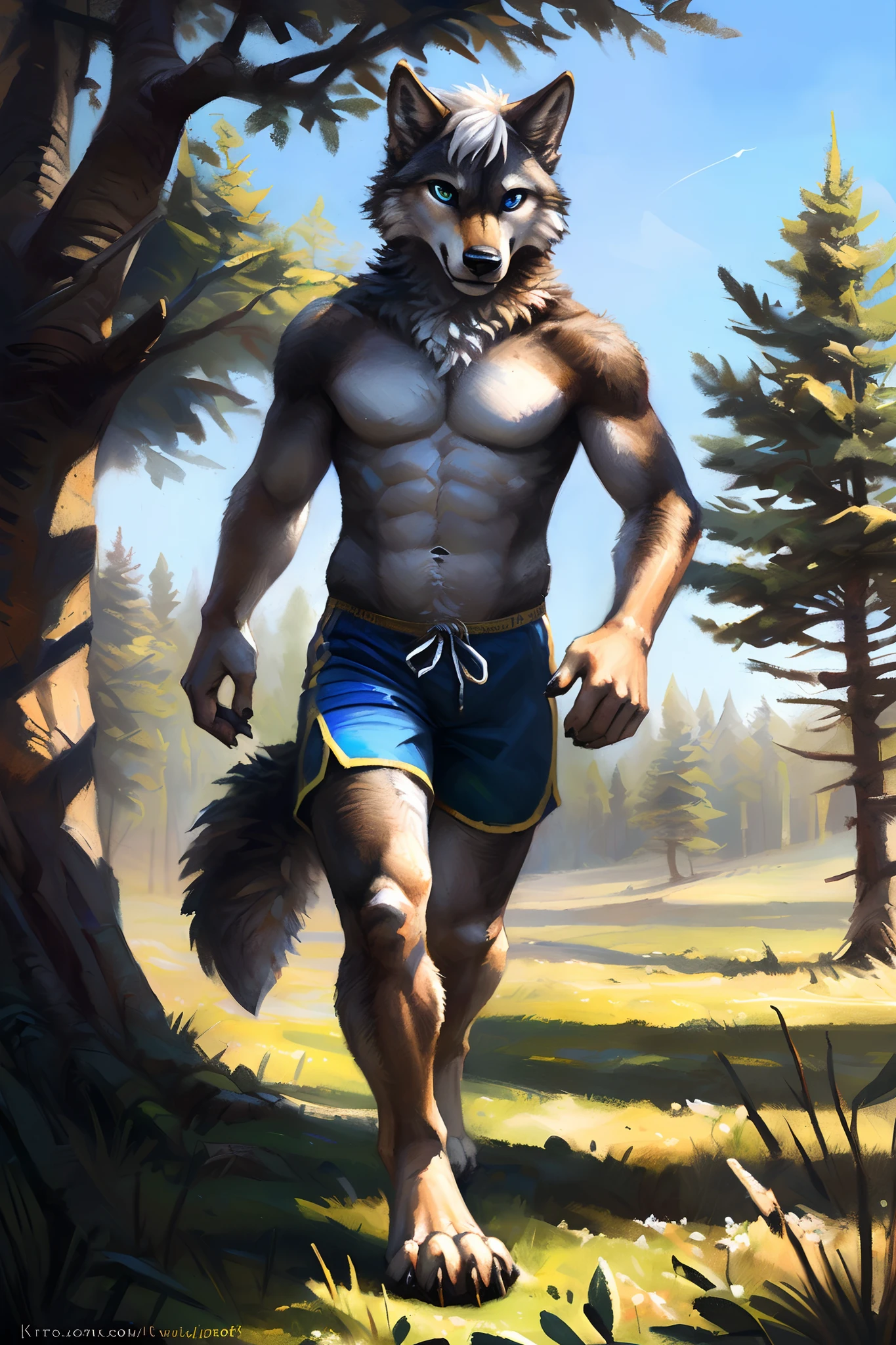 ((Solo)), male people, anthro wolf, (Multi-colored fur, White-brown:1.3,White tail pointed), ((Wolf face, White hair, Big eyes, White eyelids, Blue pupil, Slim:1.2) (Tough, Calm expression:1.2)), Abs, Slim, pinging)), (Correct anatomy), (Work shorts:1.1), The upper body is naked, (detailed outfits),A big tail,Feet,(Realistic fur, Detailed fur texture, labeled:1.3)), (Natural lighting), Photorealistic, Hyperrealistic, ultradetailed, by Kenket,Endless grasslands,There are no trees,There are no big stones,No artificiality,erect through,Running on