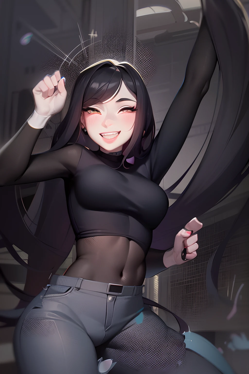 a cartoon drawing of a woman dancing with her hands, heavy gesture style closeup, urban girl fanart, pose(arms up + happy), mostly greyscale, jaidenanimations, crop top, pants, tall female emo art student, commission for high res, with arms up, inspired by Yang J, dramatic smirk pose, smiling and dancing, dancing in the background, oc commission