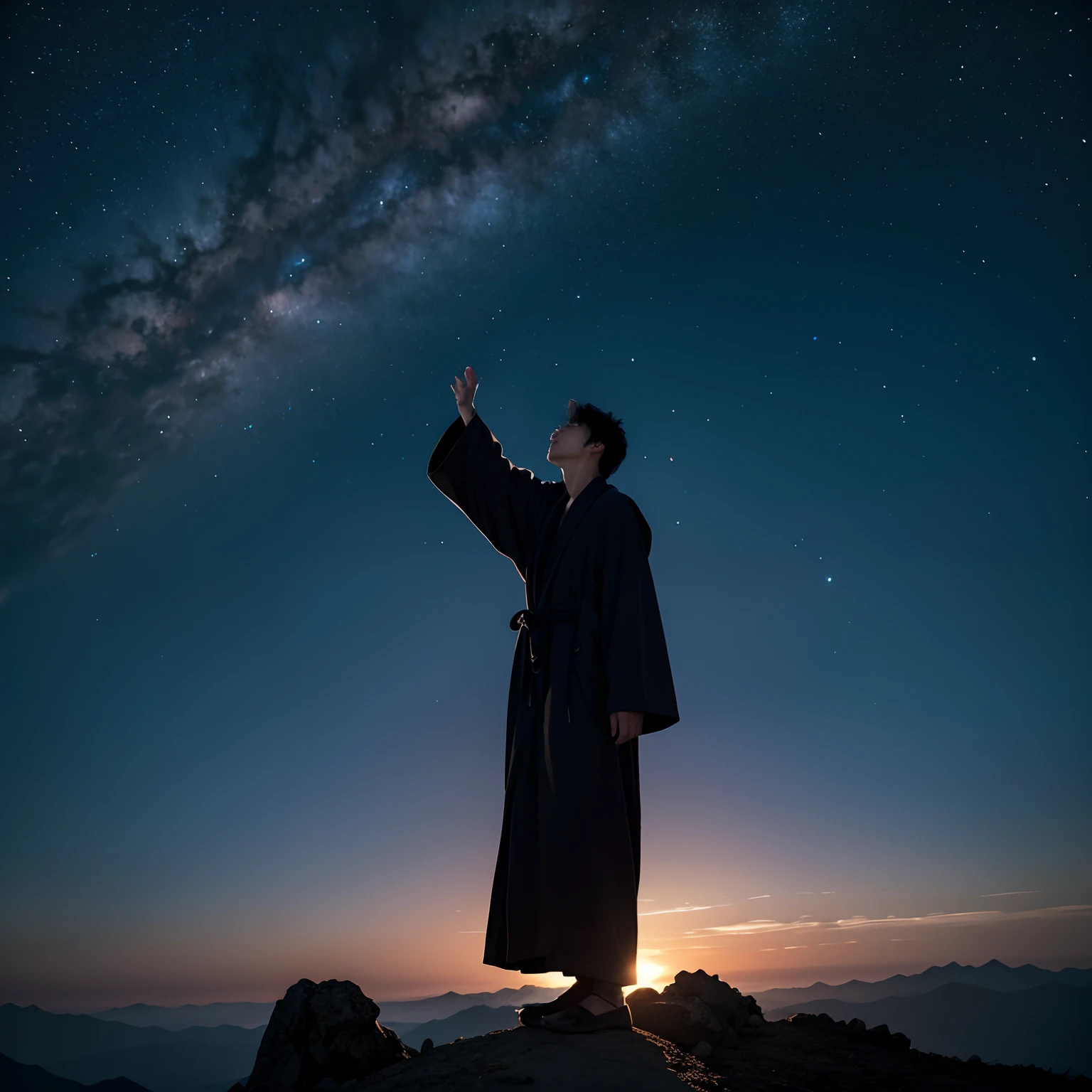 The young man's black robe stood on the top of the mountain,Look up at the stars with your hands down,Hair moves with the wind,Solitude mood。