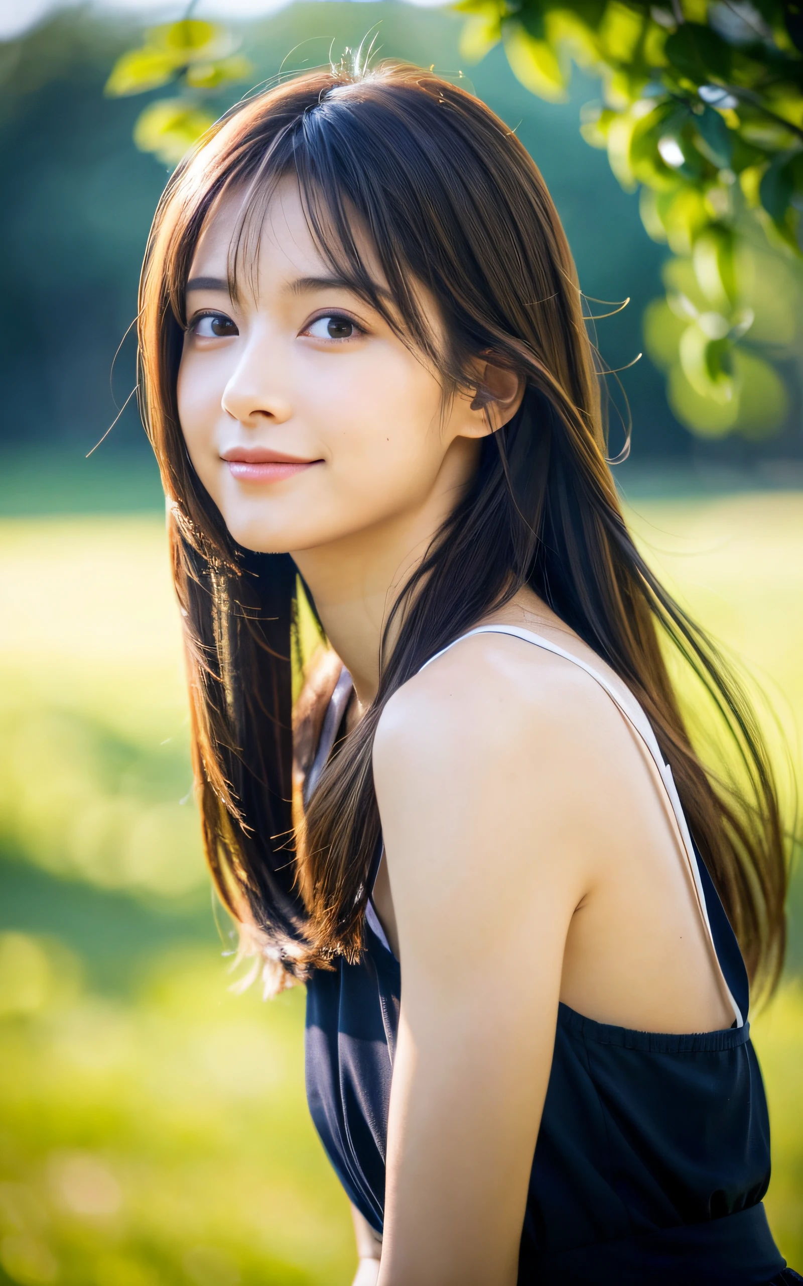 (Raw photo, Best Quality), (Realistic, Photorealsitic:1.3), masterpiece, 1 girl, extremely delicate and beautiful girl, standing quietly, Soft light, back light, (Brown hair, Shoulder-length straight hair swaying in the wind), Bangs, Beautiful detailed girl, close mouth, smiling, (Detailed fingers), correct ???????, extremely detailed eyes and face, beautiful detailed nose, Beautiful detailed eyes, Japanese, Neat and clean beauty, Silk shirt, Skirt, (Half body:1.3), Realistic face, Realistic body,