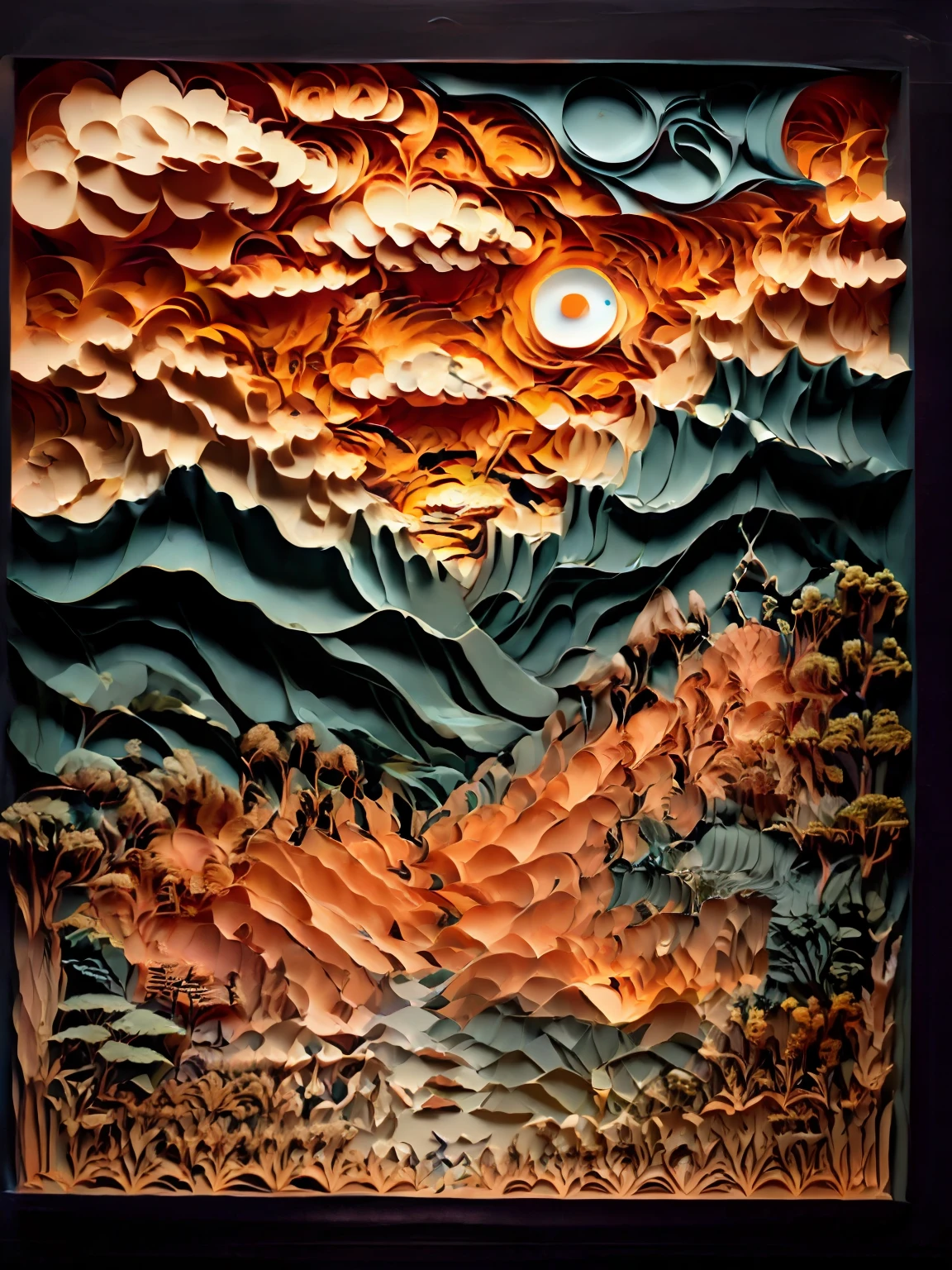 paper_cut，Masterpiece, Best quality,
RAW photo,earth view from space, (highdetailskin:1.2), 8K  UHD, Digital SLR, Soft lighting, High quality, filmgrain, Fujifilm XT3,
Regal, fractalized, 3d depth, intricatedesign, delicate patterns, shadowbox frame, Silhouette, kirigami, contours,
jianzhi,