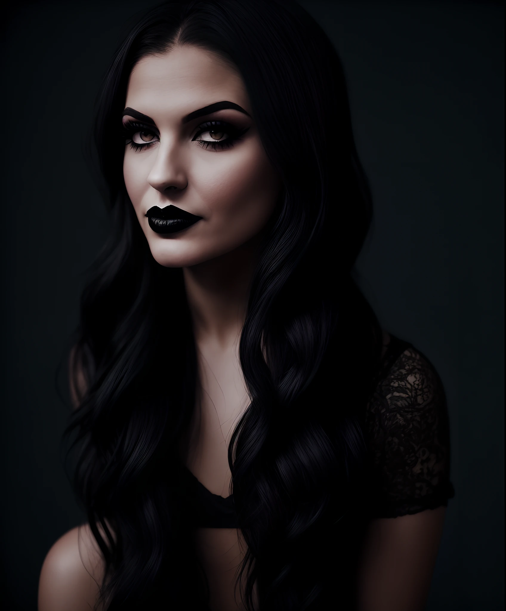gothic girl, looking at viewer, sexy, hot body, black lace dress, tulle, full black lips, eye drawing, tuxedo eyes, long fluffy lashes, in the style of esao andrews, high-detailed skin structure