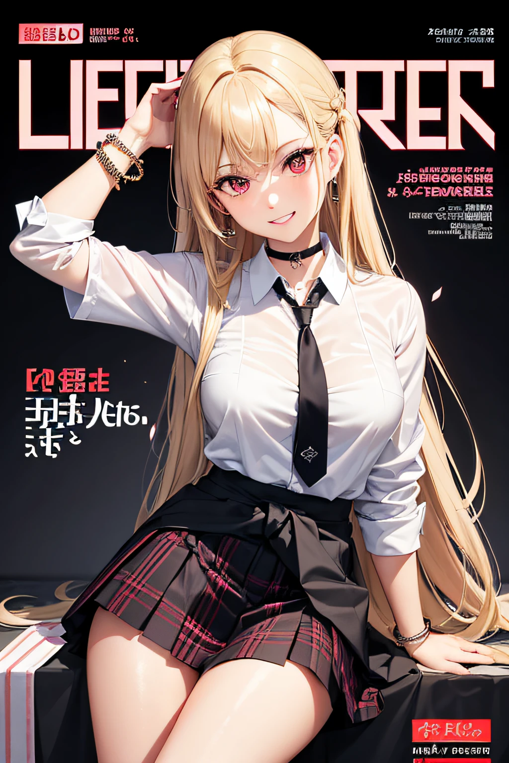 masterpiece, best quality, full body, 1girl, bangs, black choker, black necktie, blonde hair, blue skirt, blush, bracelet, breasts, choker, clothes around waist, collarbone, collared shirt, cowboy shot, dress shirt, ear piercing, eyebrows visible through hair, gradient hair, grin, gyaru, jewelry, kogal, long hair, looking at viewer, loose necktie, necktie, piercing, plaid, plaid skirt, pleated skirt, red eyes, ring, school uniform, shirt, skirt, smile, solo, white shirt, street, sky, cherry blossoms, petals,illustration, (magazine:1.3), (cover-style:1.3), fashionable, woman, vibrant, outfit, posing, front, colorful, dynamic, background, elements, confident, expression, holding, statement, accessory, majestic, coiled, around, touch, scene, text, cover, bold, attention-grabbing, title, stylish, font, catchy, headline, larger, striking, modern, trendy, focus, fashion,