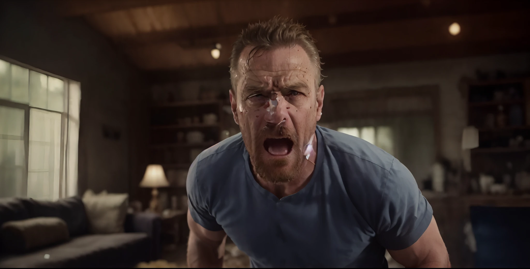 Homem de camisa cinza e camisa preta grita, irritado 8 k, filme ainda de um rosnado, homem gritando, hyper - realistic vfx render, intense screaming expression, he is screaming, renderização vfx hiperrealista, fierce expression 4k, homem zangado, homem louco gritando, retrato vfx altamente detalhado de, hiper raiva, Hyper-realistic VFX simulation