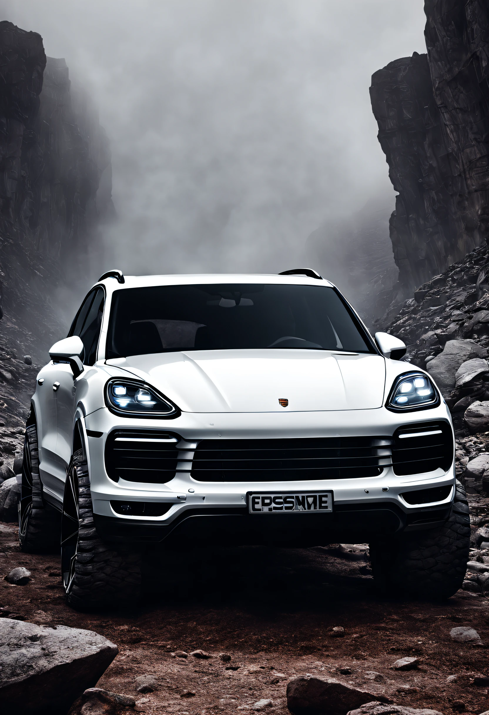 2023 (white)(Porsche Cayenne)Horror-themed highly detailed illustration of a gigantic porsche cayenne gigantic wheels, outside in rocky terrain, very rocky, flashlight beams in the background, very dark, spooky, horror, eerie, unsettling, dark, spooky, suspenseful, grim, realism, fog, (but with) detailed retro-futuristic architecture