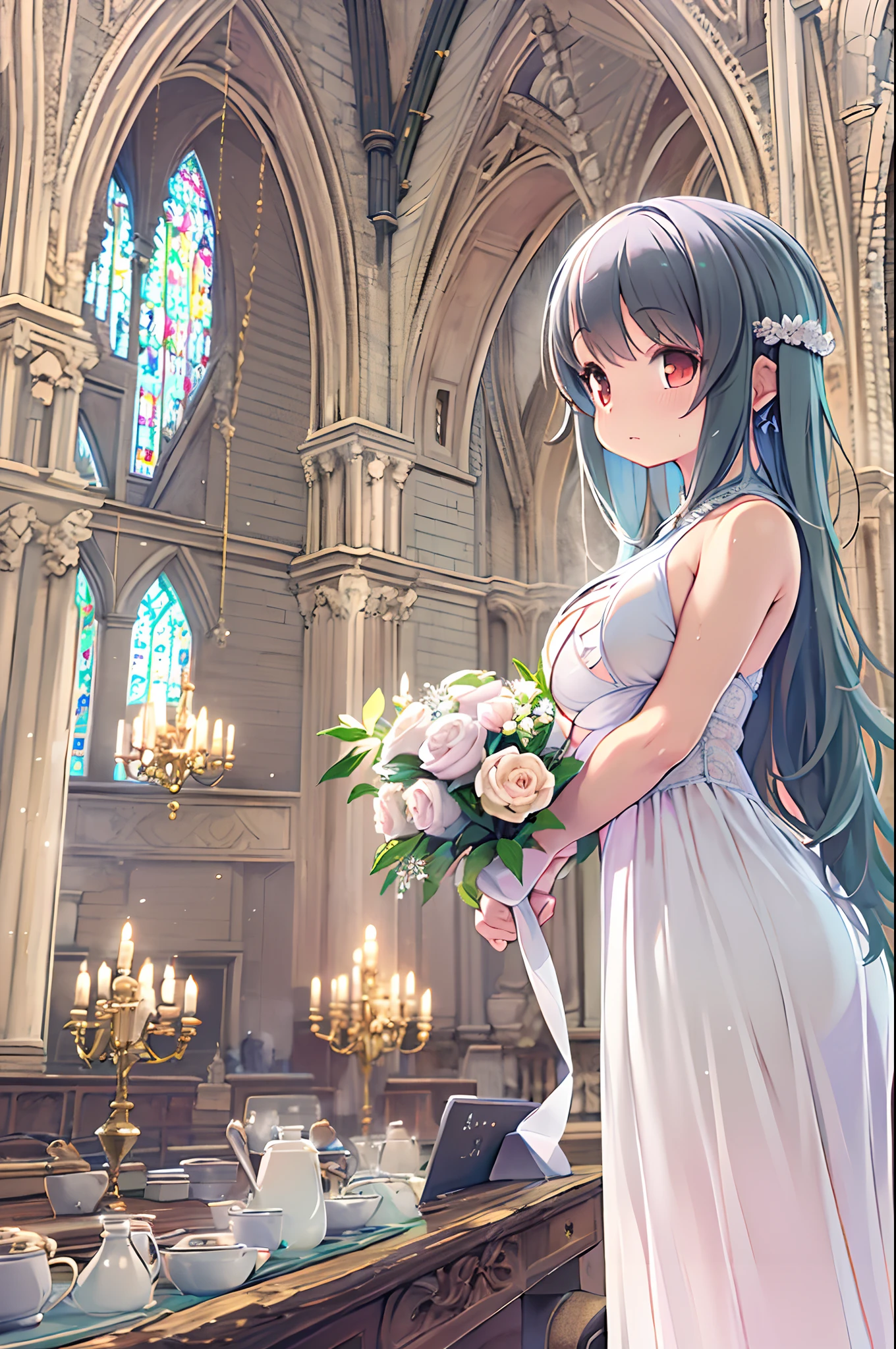 High resolution, Best Quality, masutepiece, Ultra high definition, Ultra high definition, .。.3D, Anime, Illustration, In a church、wedding hall、Two women in wedding dresses、2girls，girl1：bbw、huge-breasted、adolable，Black hair，Bob-cut hair，huging、stare、weddingdress、Girl 2：adolable，A pink-haired，Long grey hair，huge-breasted、huging、stare、weddingdress