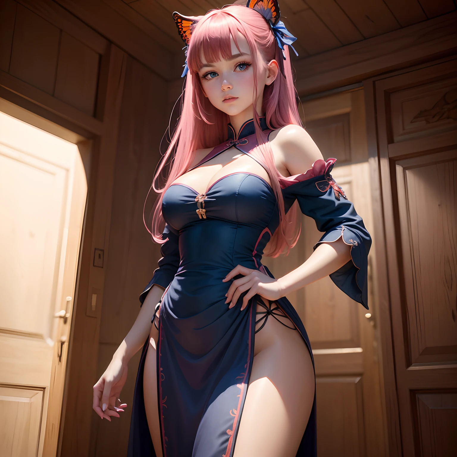 8k, masterpiece, best quality, realistic, higly detailed, cowboy shot, 1girl, solo, Nino, cute, cold-looking girl, waist-length straight hair, square bangs hanging over eyebrows, reddish-pink hair, twin butterfly-shaped ribbons on both sides of head, dark blue eyes, average height, well-endowed figure, large breasts, fashionable girl, various cute accessories, takes care of nails, Chinese Dress