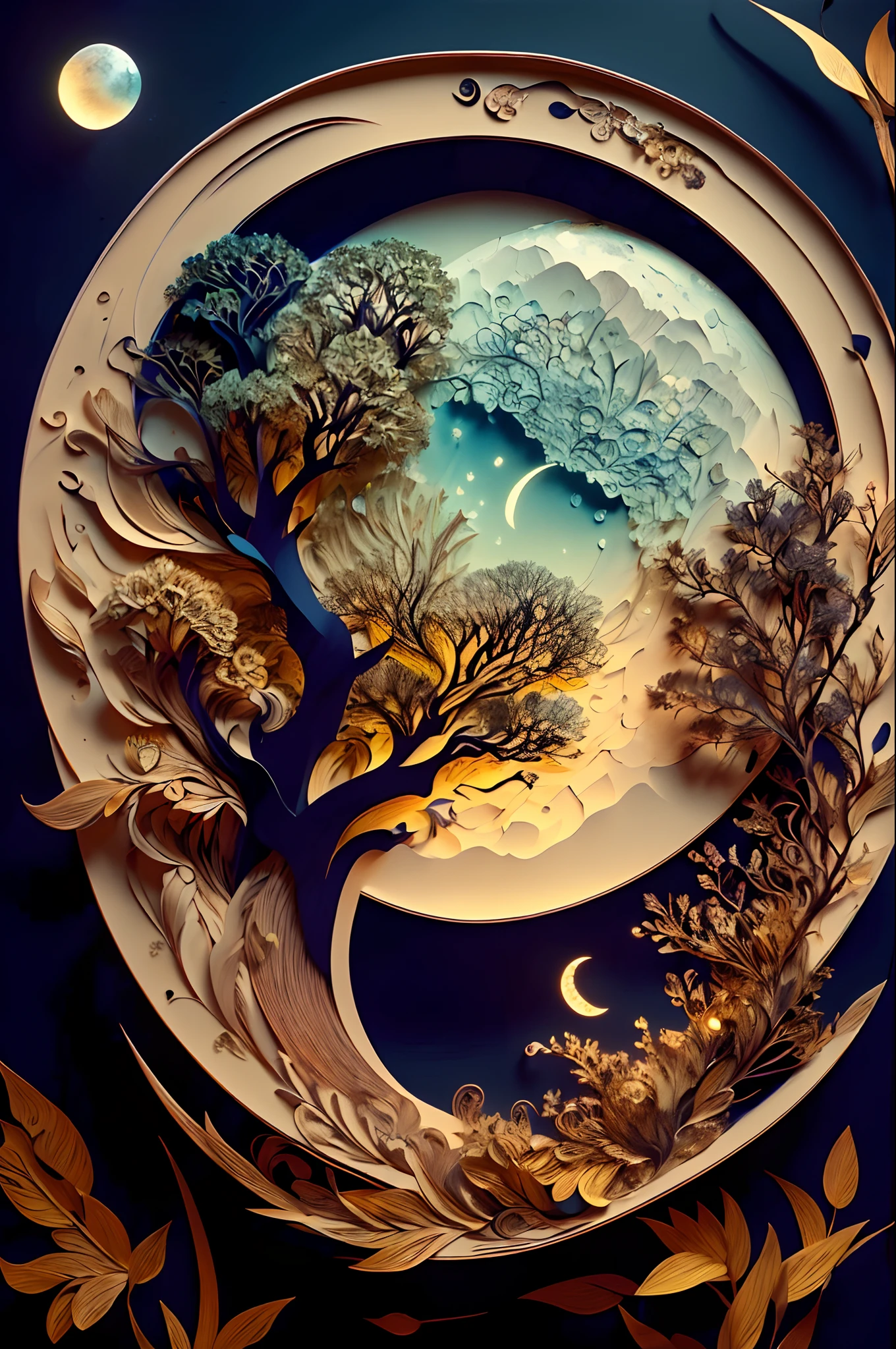 ((((Masterpiece))), Best quality, Illustrations, Beautiful details glow,
Paper_cut, girl face details clear to the camera, tree, Moon, Butterfly,