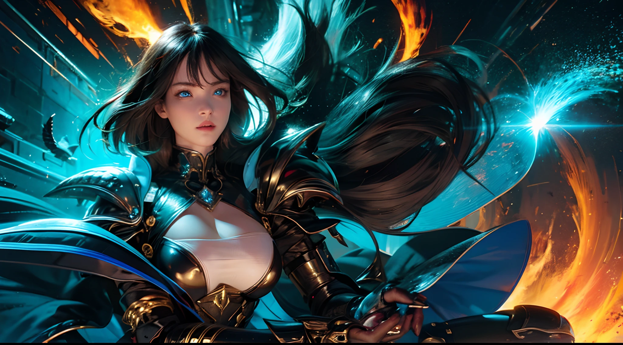 official art, unity 8k wallpaper, ultra detailed, masterpiece, best quality, 1 woman, (extremely detailed), dynamic angle, Mysterious expression, fire sparkle effect, fantasy background, rim lighting, side lighting, cinematic light, ultra high res, 8k uhd, film grain,best shadow, delicate, RAW, light particles, detailed skin texture, detailed armor texture, detailed face, intricate details, ultra detailed, bright, (realistic), ((black hair)), very glowing blue eyes, curvy