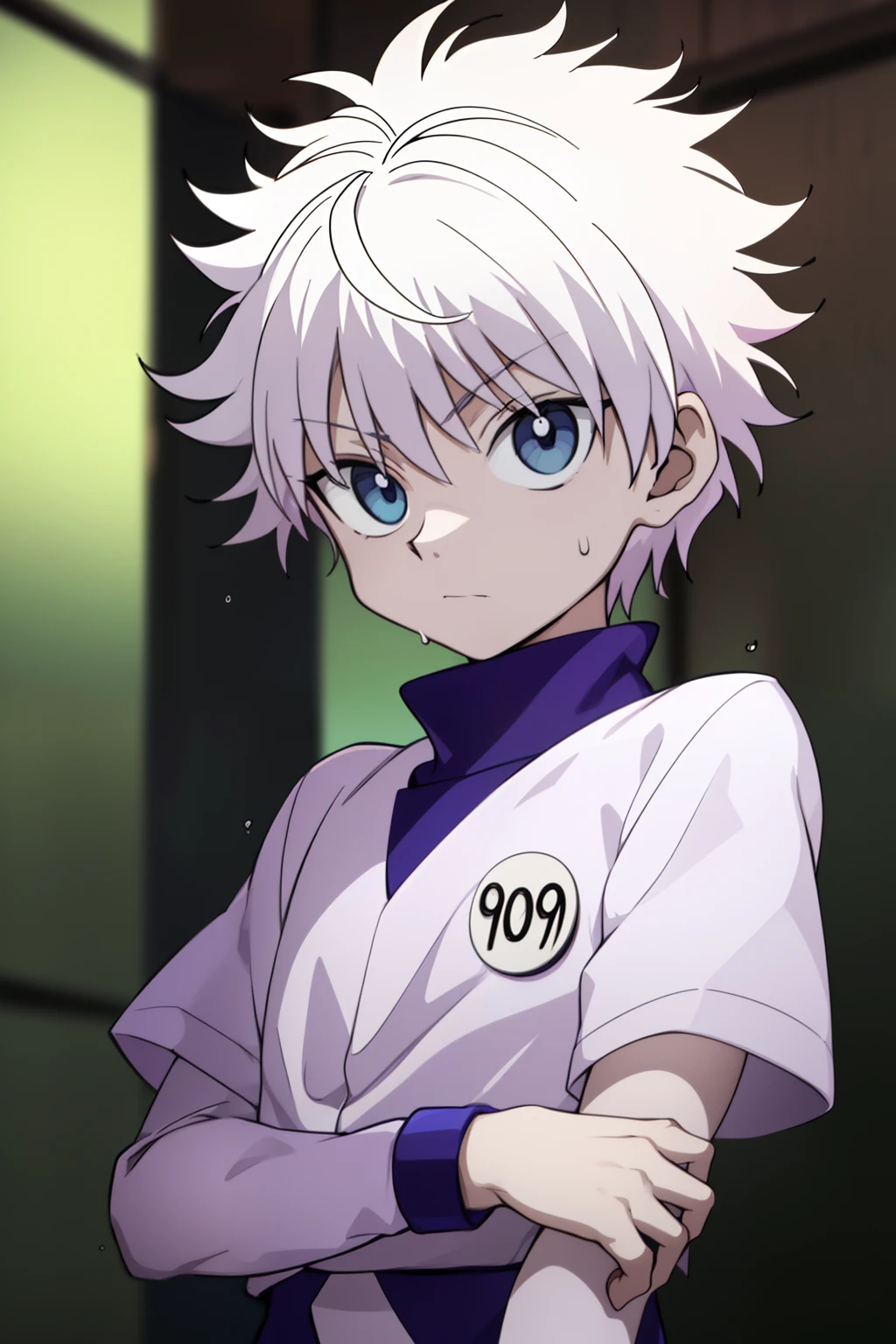 HXH2011,masutepiece(1.5), High quality(1.5), Illustration, 8K, Perfect Lighting, Highly detailed face and eyes,
(((hunter_X_hunter))) ,(((Killua_zoldyck))) 1boy ,Blue_Eyes, Portrait, hair_Bland_Eyes, up looking_で_viewer, Man's_Focus, Shirt , Short_hair, Solo ,sweat drop ,The upper part of the body_Body, white_hair white_Shirt