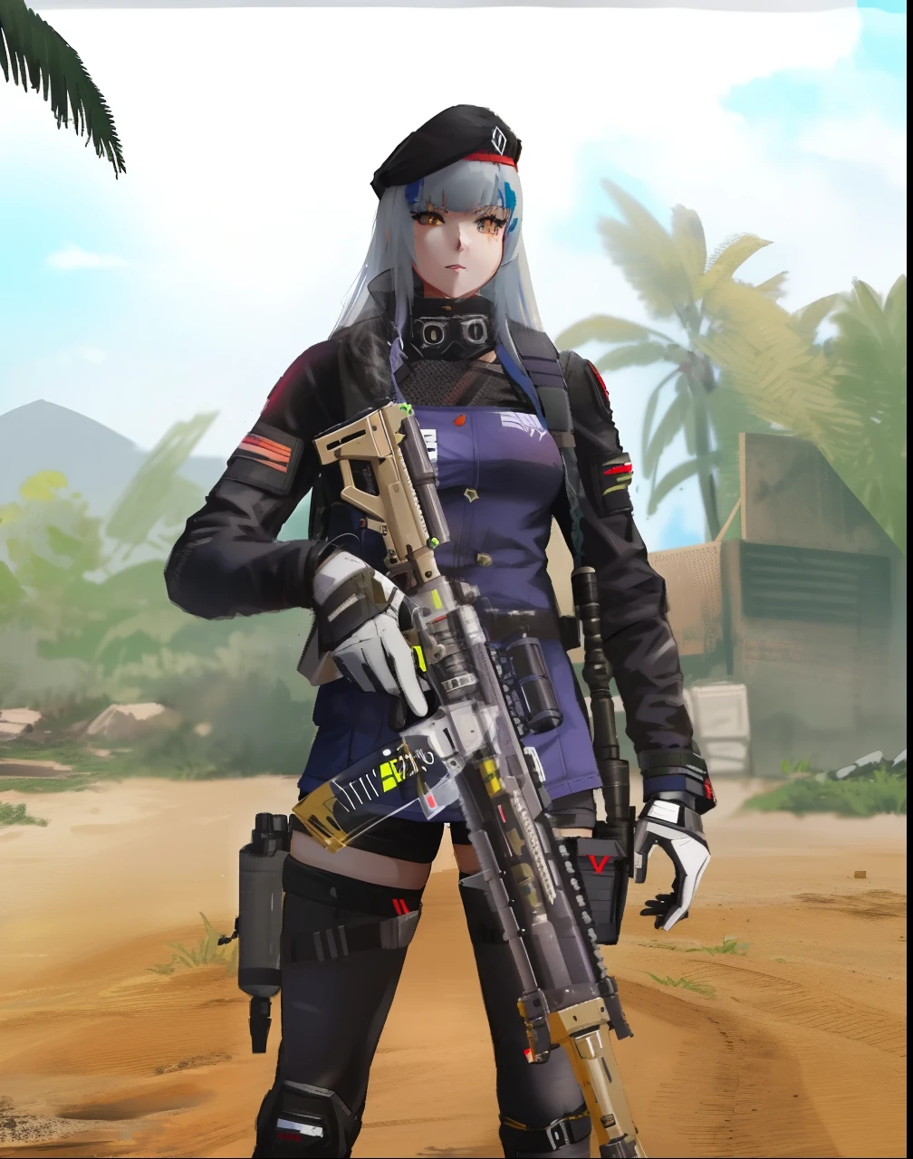 a close up of a person with a gun on a dirt ground, m4 sopmod ii girls frontline, mechanized soldier girl, in style of apex legends, infantry girl, girls frontline style, ready for combat, of a sniper girl in war, heavily armed, loba andrade from apex legends, wraith from apex legends, violet battlefield theme, soldier girl