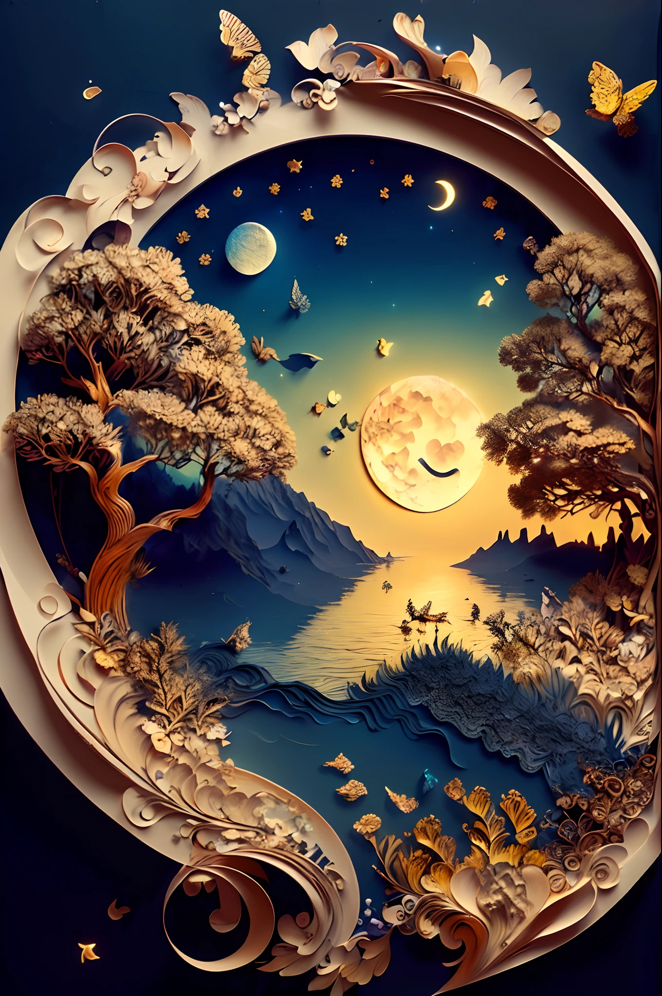 ((((Masterpiece))), Best quality, Illustrations, Beautiful details glow,
Paper_cut, girl face details clear to the camera, tree, Moon, Butterfly,