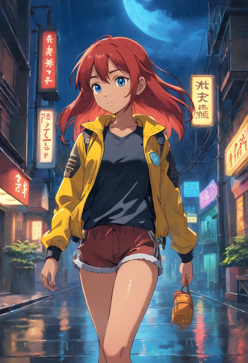 1girl, brown skin, Long Red hair, glowing blue eyes, wearing black tank top, wearing yellow leather jacket, shorts, at night, sneakers, city street, ground wet from rain, fall, night time, neon sign in background, beautiful, absurdres, high res, ultrasharp, 8k, masterpiece, looking at viewer