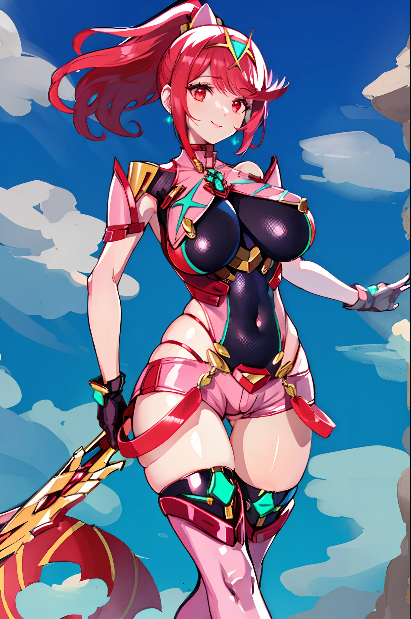 pyra \(xenoblade\), _1girl, lolings, black gloves, breasts, red eyes, shout, earrings, eyelashes, fingerless gloves, floating hair, , gem, gloves, hair ornament, headpiece, jewelry, gigantic_breasts, leaning back, swimsuit, neon trim, official art, pose, red hair, saitou masatsugu, short hair, sidelocks, skin tight, solo, swept bangs, thighhighs, tiara, fantasy_town_background, underbust, xenoblade chronicles \(series\), (xenoblade chronicles 2), (spread_legs:1.1), fire_effect,dynamic_pose,fighting,light_smile, (plump:1.1), big_ass,huge_sword, hold_large_sword_hilt, covered_nipples, covered_pussy, fists,ponytail,beautiful_fingers,(solo:1.1), bare_shoulder,(shoulder_naked:1.2), nipple_jewel,back, back_view, focus_ass,ass, (very_short_shorts:1.3),(lise_leg:1.4)