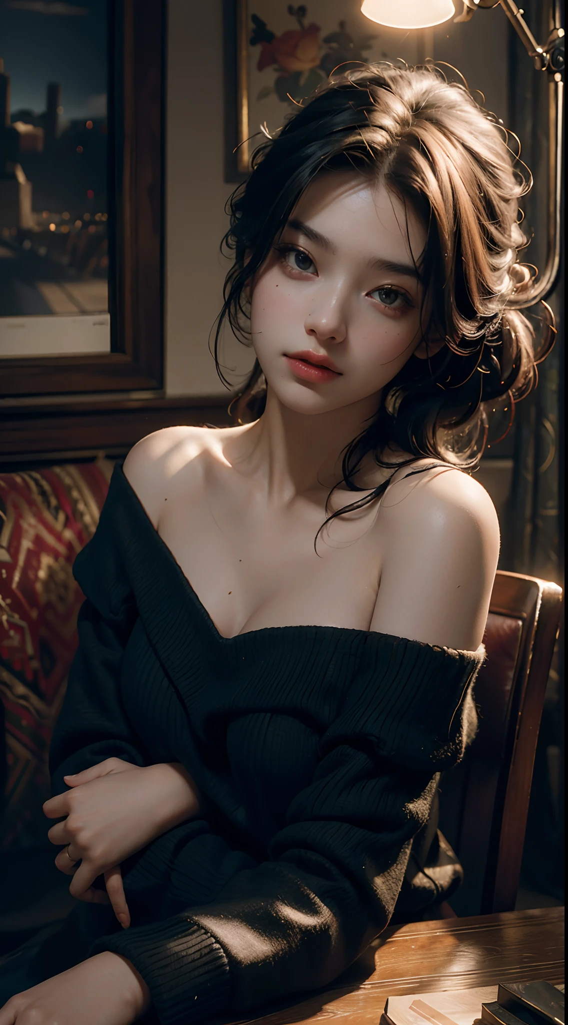 Best quality, masterpiece, ultra high res, (photorealistic:1.4), raw photo, 1girl, off shoulder, cinematic lighting