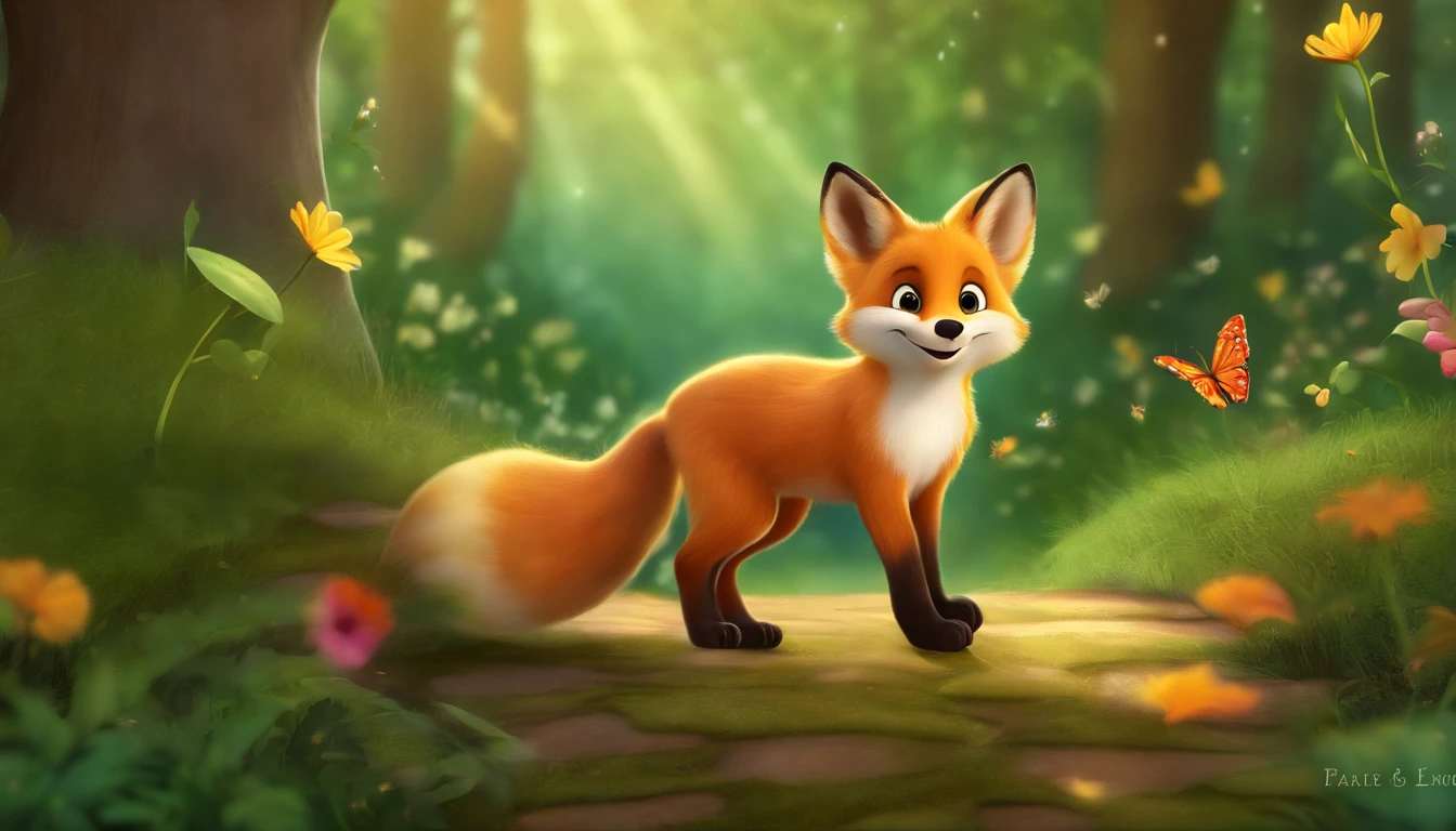 (best quality,4k,highres),a fox speak to a mouse in the forest,children book,joyful moments,nature's beauty,vivid colors,playful atmosphere,curious eyes,cute little paws,lush greenery,beam of sunlight,dreamy illustrations,storybook magic,enchanted forest,dancing leaves,giggles and laughter,whimsical creatures,happy adventures,twinkling stars,magical encounters,little explorers,wonder-filled stories,friends forever,innocent wonders,delightful surprises,imagination unleashed,fantastical journey,heartwarming scenes,unforgettable memories,fairy tale charm,friendship bonds,strong imaginations,blissful harmony,bursting with colors,sparkling dew drops,joyful playtime,mischievous smiles,endless possibilities,beautifully illustrated pages