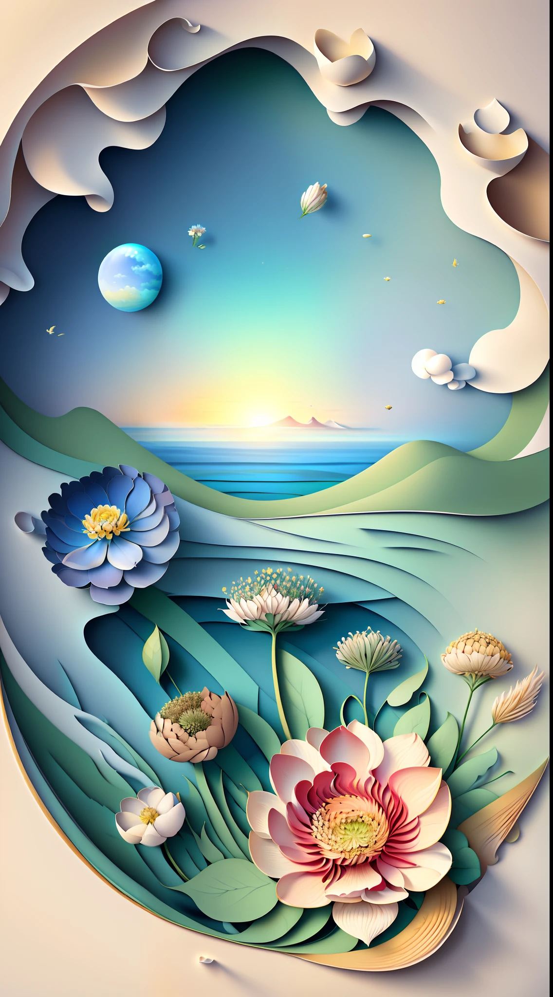 Natural and organic depictions of vast landscapes,Sky and steppe,Kelsang flowers,Clouds,Big wind,Features earth tones and botanical motifs,Withdraw connections to nature and the environment,Influenced by botanical illustrations or environmental art,softlighting,(warm color:1.15),best quality exquisite details,3D rendering of