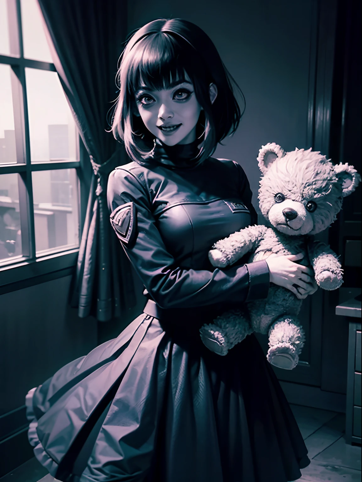 [(Junji Ito:1.5), creepy, dark, black and white, detailed manga line art, scared, psychological horror, grotesque, morbid, surreal], a girl holding a teddy bear, Annie, character from League of Legends