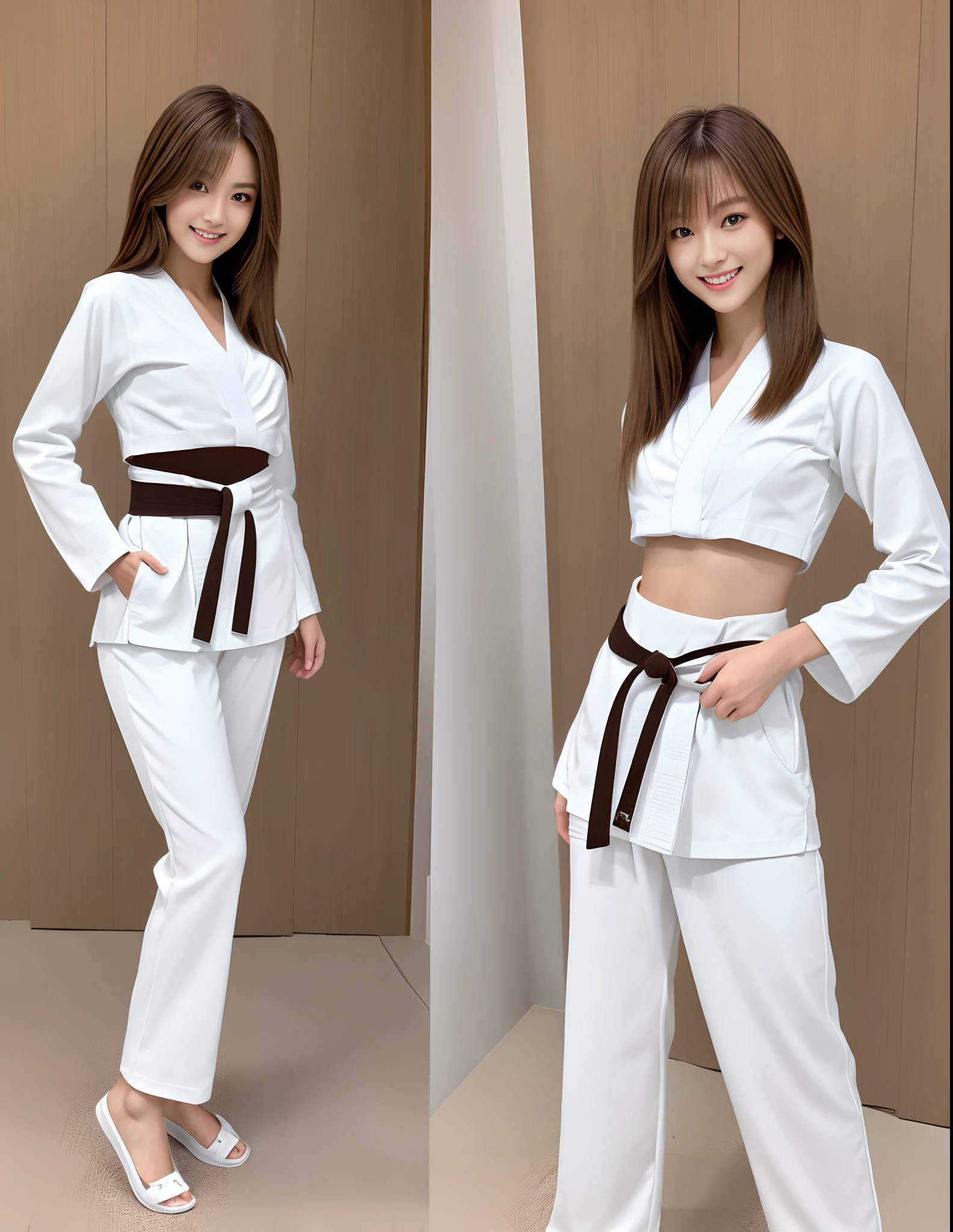 (Photorealsitic)(), Perfectly beautiful woman, (Full body 8K portrait), Stand alone, Stick out your fist, Large and dynamic hand and foot movements, Correct skeleton, White Karate Uniform, White karate pants, Large bust, Perfect facial detail, (Smile: 1.15), attractive beautiful face, gazing at viewer, a small face, 二重まぶた, Beautiful detailed eyes, long eyeslashes, ligh brown hair, Hairstyle is bob style, Toned waist, large full breasts, Beautiful thin legs, toned ankles, bare-legged ,TOKYOcty