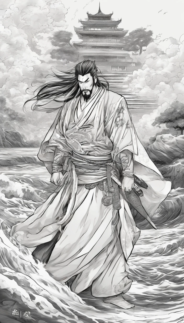 Estilo porcelana,中景 the scene is,The Taoist samurai stood before a huge transparent water tiger,Holding out your hands,long messy hair,efeito de brilho,hyper-realistic,Ultra foto Realsisim,Chinese black and white ink style,prata,Discoloration,mancha,Inky,8k,super-fino,Alta Quaridade,renderizador OC