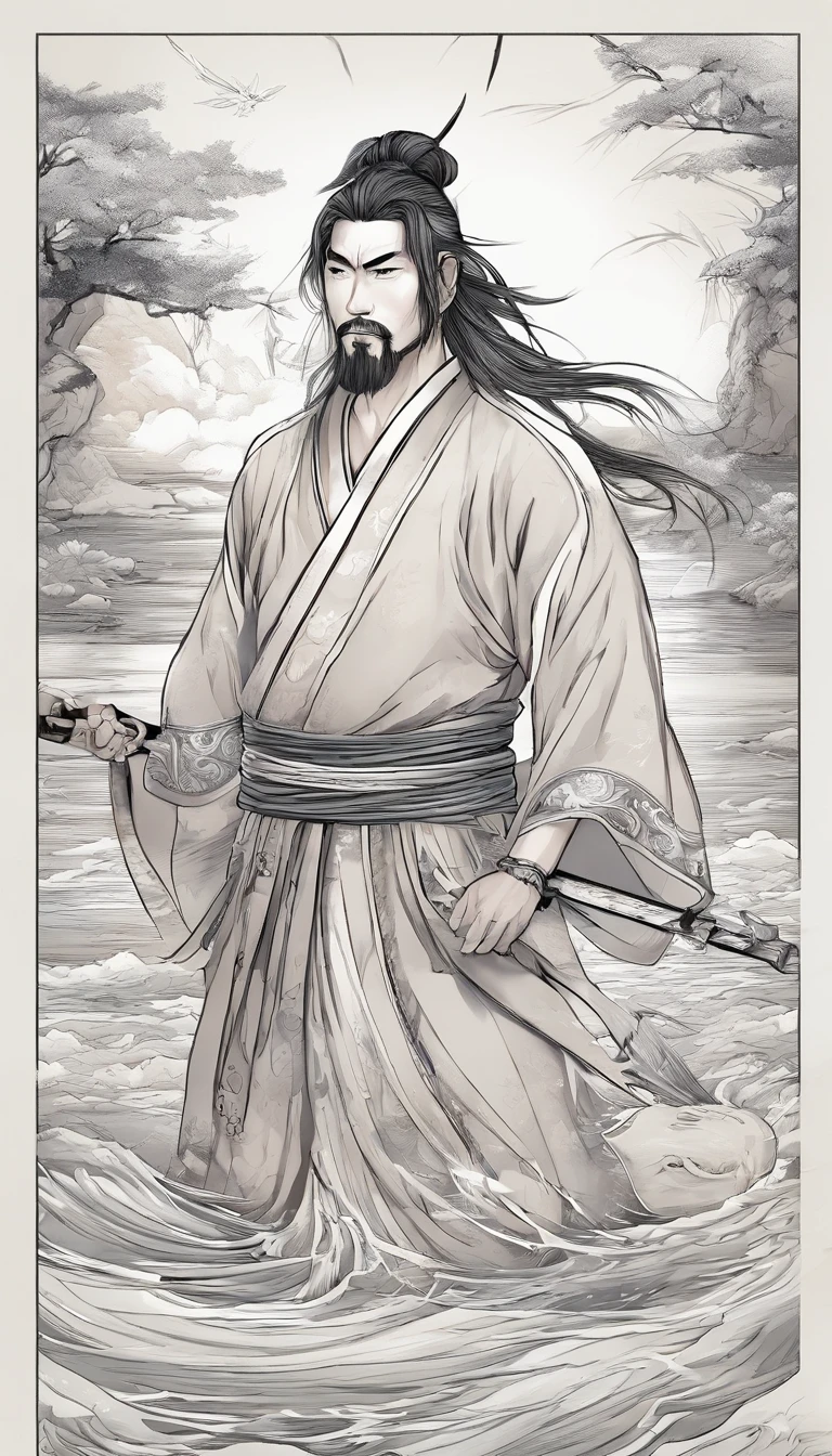 Estilo porcelana,中景 the scene is,The Taoist samurai stood before a huge transparent water tiger,Holding out your hands,long messy hair,efeito de brilho,hyper-realistic,Ultra foto Realsisim,Chinese black and white ink style,prata,Discoloration,mancha,Inky,8k,super-fino,Alta Quaridade,renderizador OC