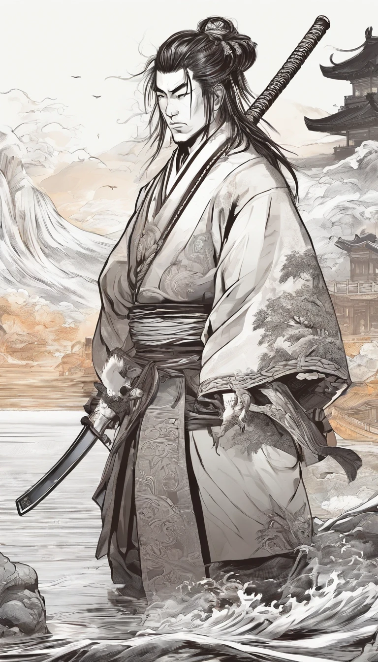 Estilo porcelana,中景 the scene is,The Taoist samurai stood before a huge transparent water tiger,Holding out your hands,long messy hair,efeito de brilho,hyper-realistic,Ultra foto Realsisim,Chinese black and white ink style,prata,Discoloration,mancha,Inky,8k,super-fino,Alta Quaridade,renderizador OC
