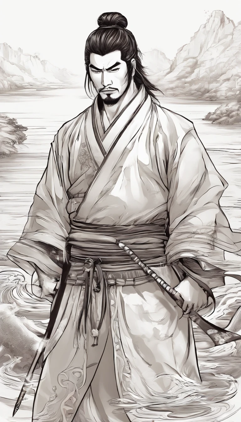 Estilo porcelana，中景 the scene is，The Taoist samurai stood before a huge transparent water tiger，Holding out your hands，long messy hair，efeito de brilho，hyper-realistic，Ultra foto Realsisim，Chinese black and white ink style，prata，Discoloration，mancha，Inky，8k，super-fino，Alta Quaridade，renderizador OC