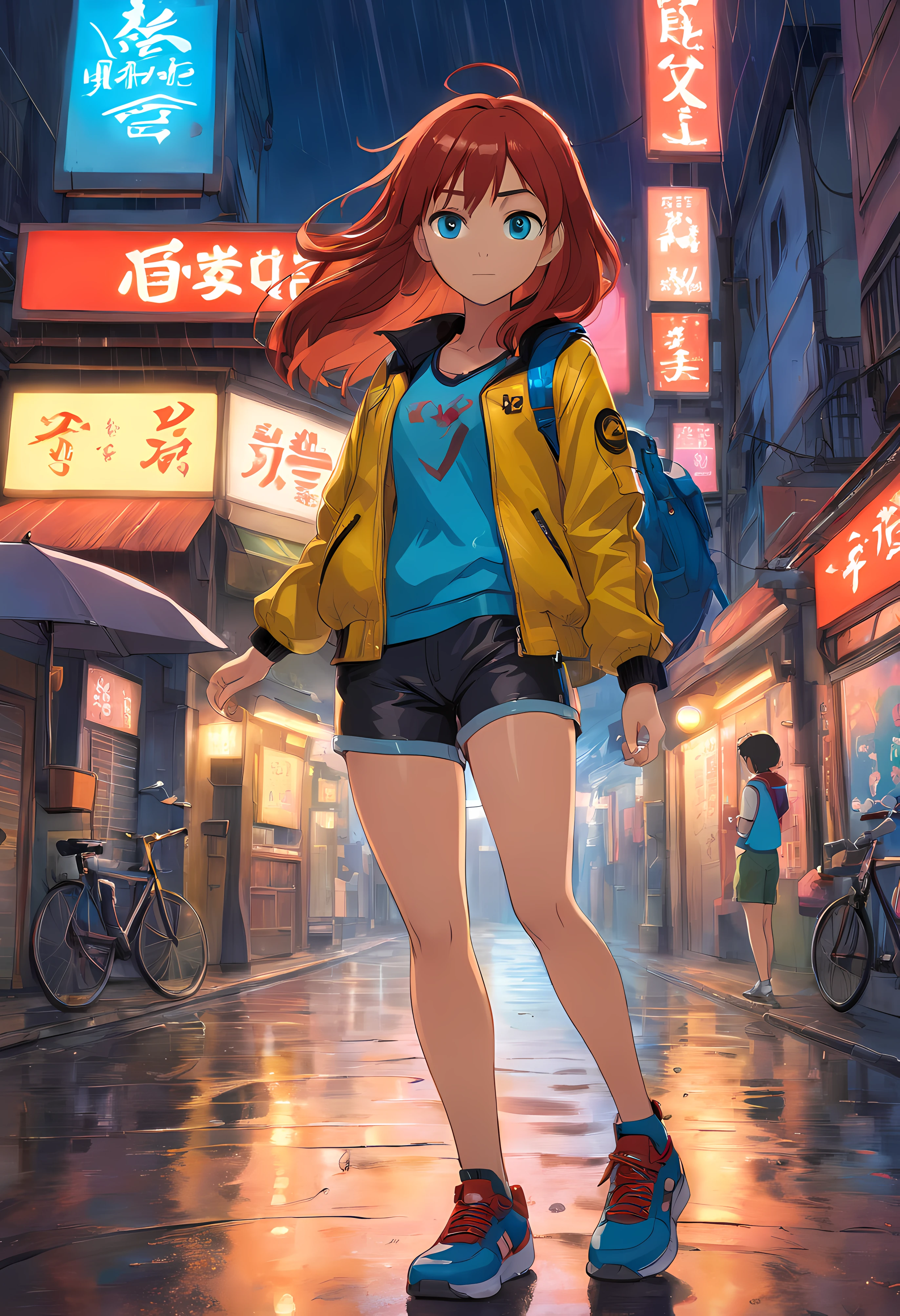 1girl, brown skin, Long Red hair, glowing blue eyes, wearing black tank top, wearing yellow leather jacket, shorts, at night, sneakers, city street, ground wet from rain, fall, night time, neon sign in background, beautiful, absurdres, high res, ultrasharp, 8k, masterpiece, looking at viewer