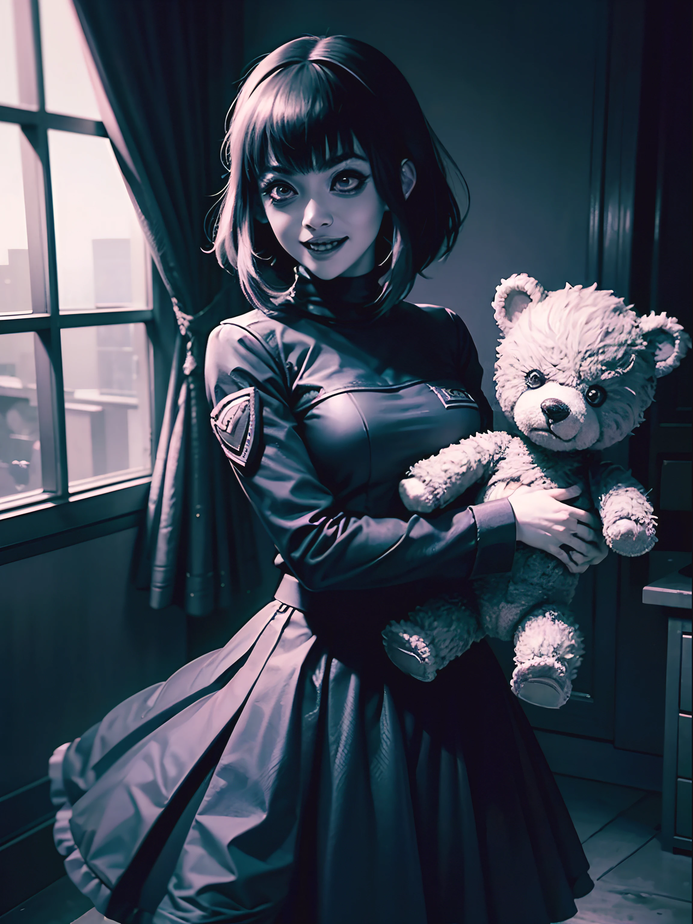 [(Junji Ito:1.5), creepy, dark, black and white, detailed manga line art, scared, psychological horror, grotesque, morbid, surreal], a girl holding a teddy bear, Annie, character from League of Legends