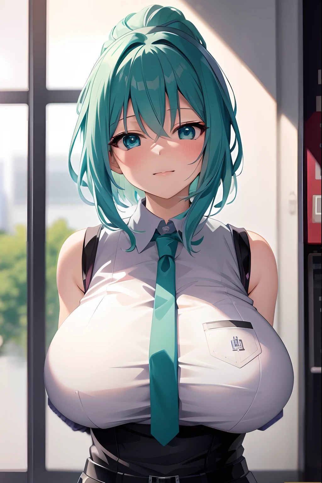 anime girl with pink hair and blue eyes wearing a tie, mikudayo, seductive anime girl, anime girl with teal hair, best anime 4k konachan wallpaper, biomechanical oppai, hatsune miku short hair, top rated on pixiv, (sfw) safe for work, oppai, detailed digital anime art, [ 4 k digital art ]!!