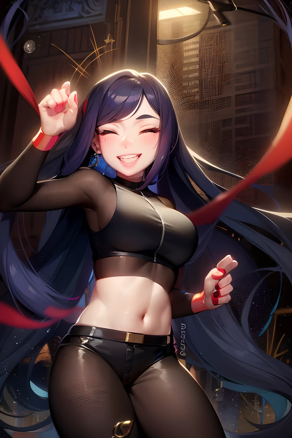 red eyes, pointy ears, long black hair, pink lipstick, makeup, pale skin, anime girl in a purple outfit is doing a kick on a wooden floor, character from king of fighters, juri misaki, misato katsuragi, as a character in tekken, dead or alive 6, hq artwork, fighting game character, juri han from street fighter, badass pose, inspired by Li Shida, hinata hyuga, kate bishop, hollow eyes, facing viewer, upper teeth, lips, red eyes, smirk, purple lips,