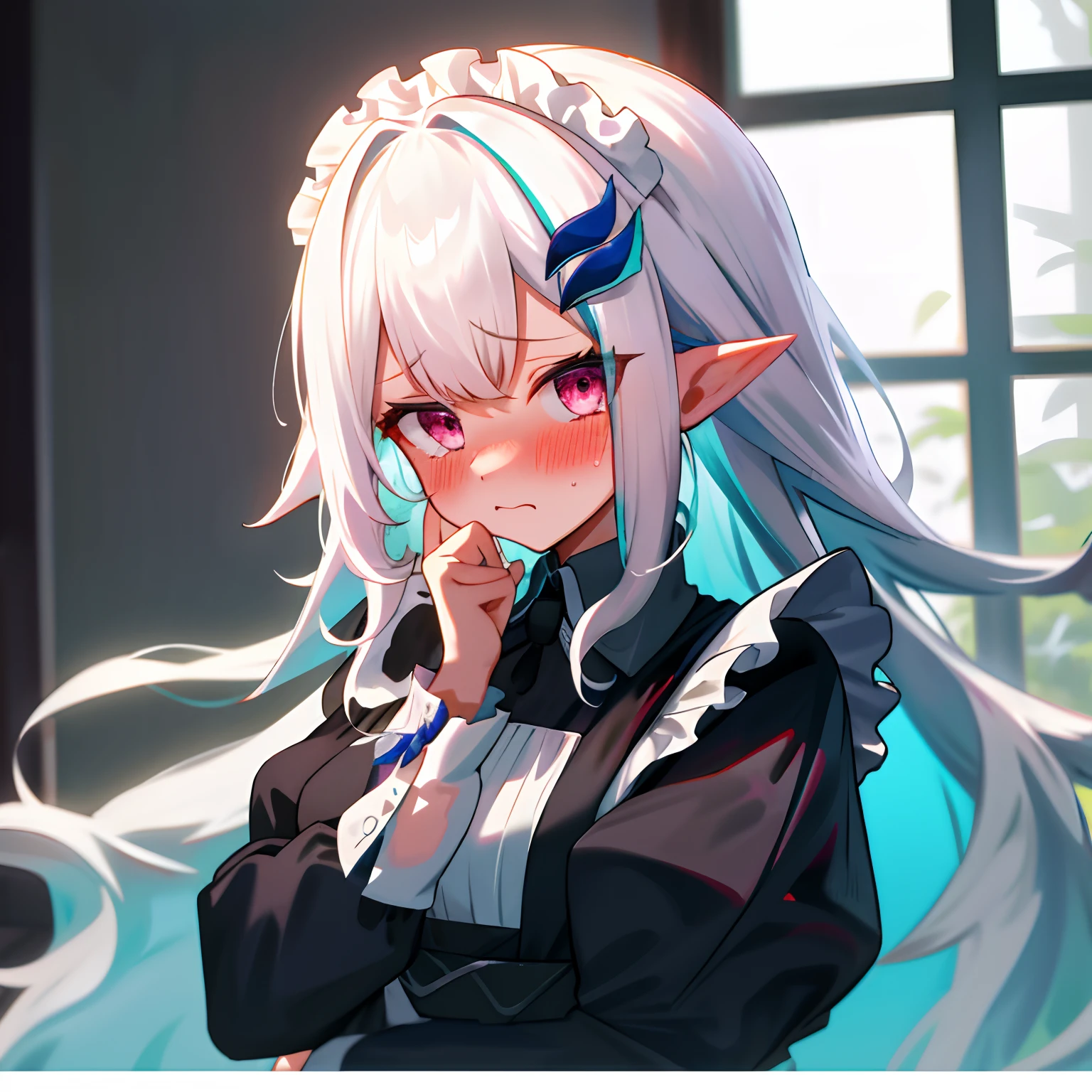 One girl with long wavy hair, white hair, looking at viewer, embarrassed, blushing, tears, indoor, maid dress, black maid dress, puff long sleeves, pointy ears, upper body, hair ornament,