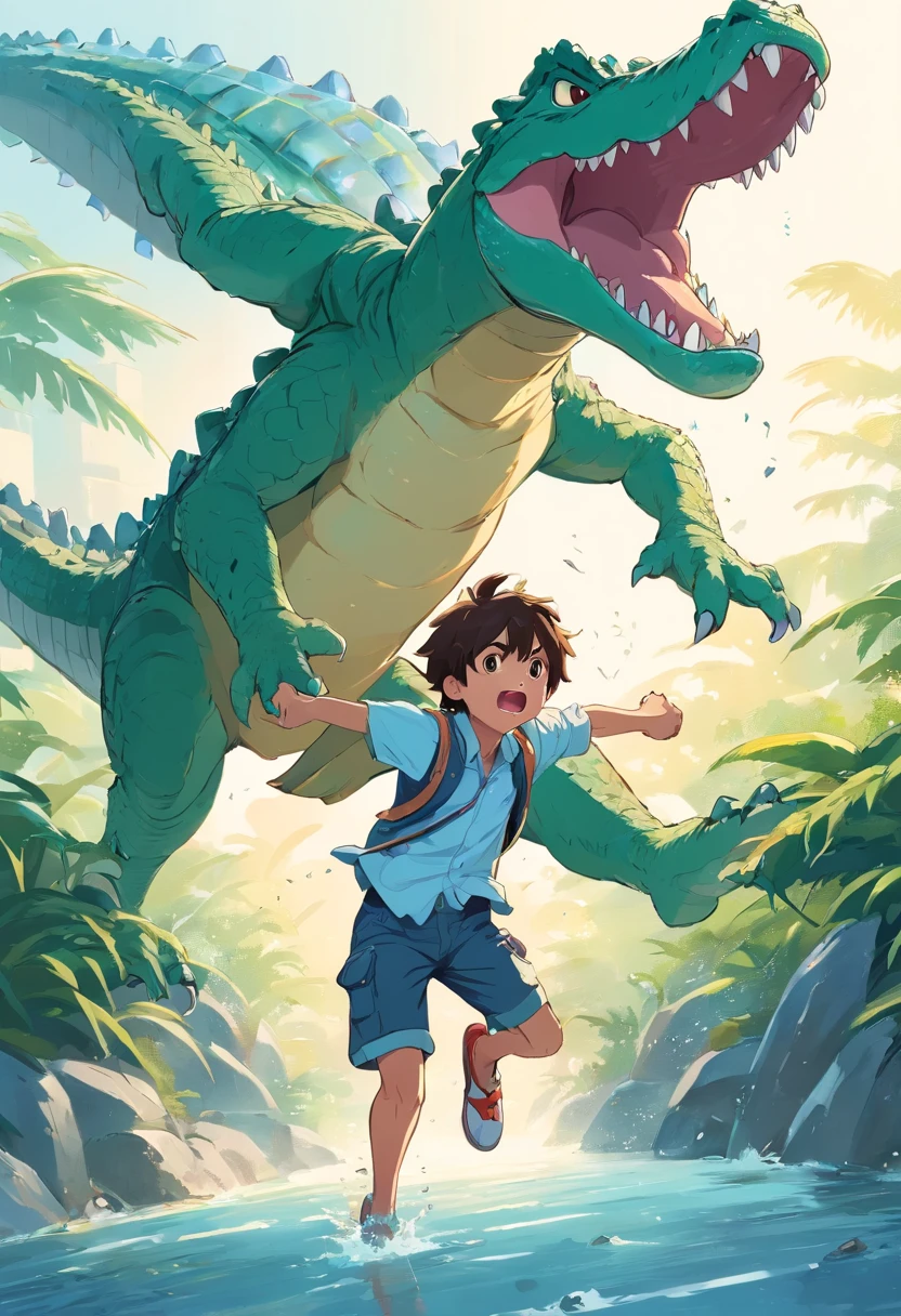 the scary monster alligator boy. various poses and expressions on a white background, children's book style, simple, cute, 07 years , colors, Intricate details, fighting, flying, running, jumping. angry. happy.