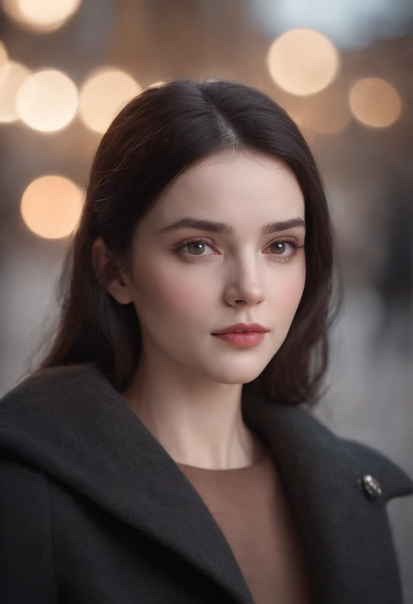 Beautiful girl with realistic black eyes, pale skin, black hair of medium length, a perfect face, Perfect eyes, wearing coat, Highly detailed, all-encompassing cinematic, Digital Painting, 8K, Cinematic lighting, Best Quality, hight resolution, Detailed work, postprocessed, Perfect result, hyper realistic