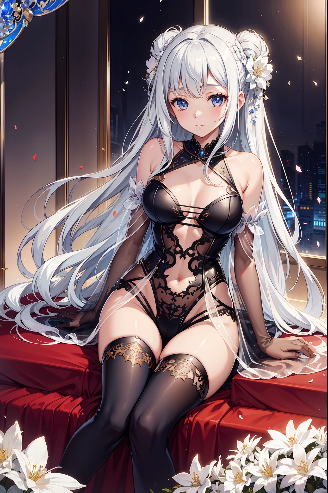 solo person，the night，inside in room，shyexpression，saintess，See-through Pajamas，see-through sleeves，Enchanted，Petal edges，adolable，Light colors，gentleness，Divine decoration，extremely detailed CG  8k wallpaper，best qualtiy，tmasterpiece，A high resolution，Delicate and beautiful face
