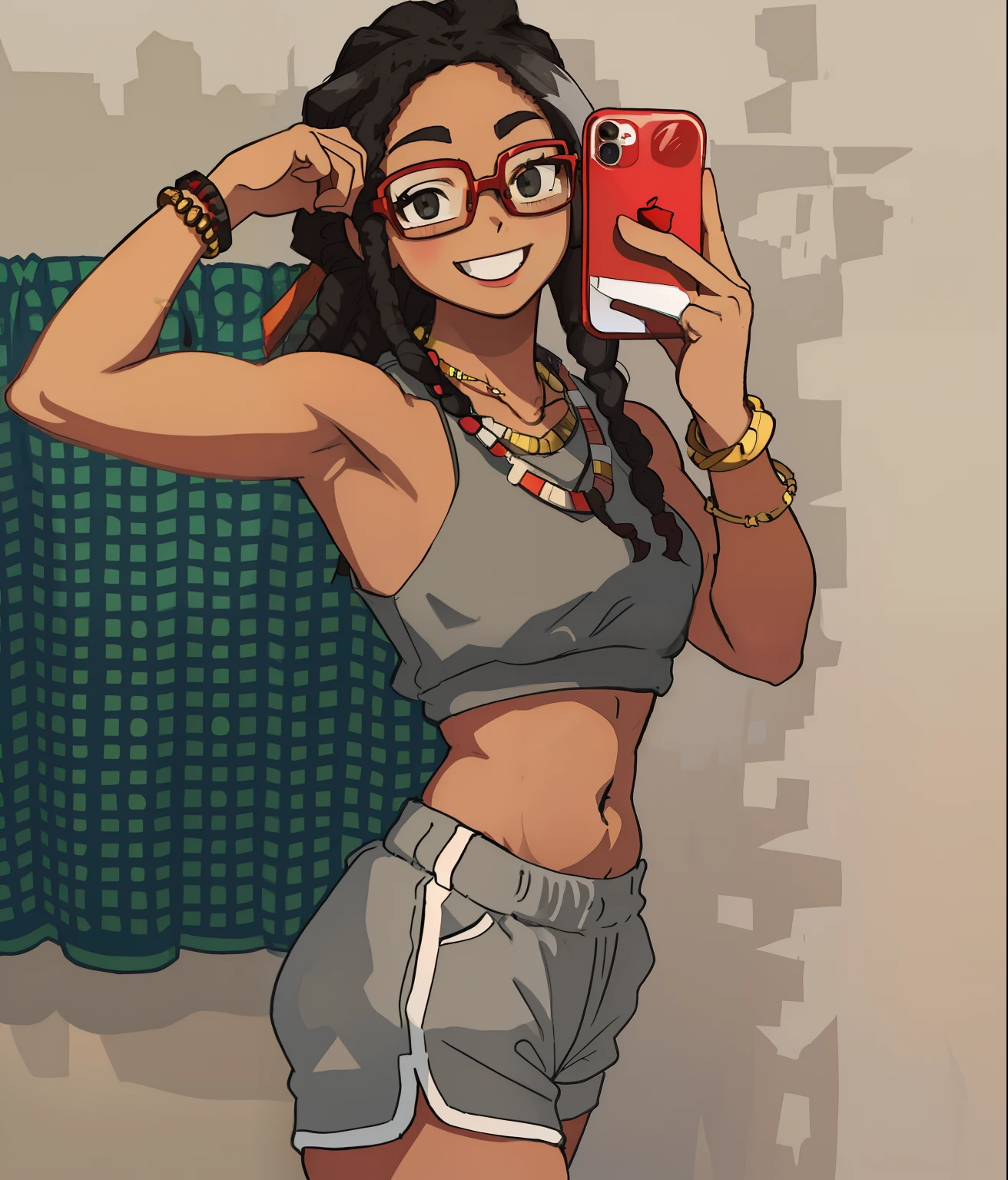 Black girl with glasses taking a mirror picture with a red iphone 11 while flexing, white background, miriko from my hero academia, cartoon art, smiling, dreadlocks, wrist bracelets, belly piercing, workout shorts, necklaces, flexing and making fist in right hand, holding phone left hand