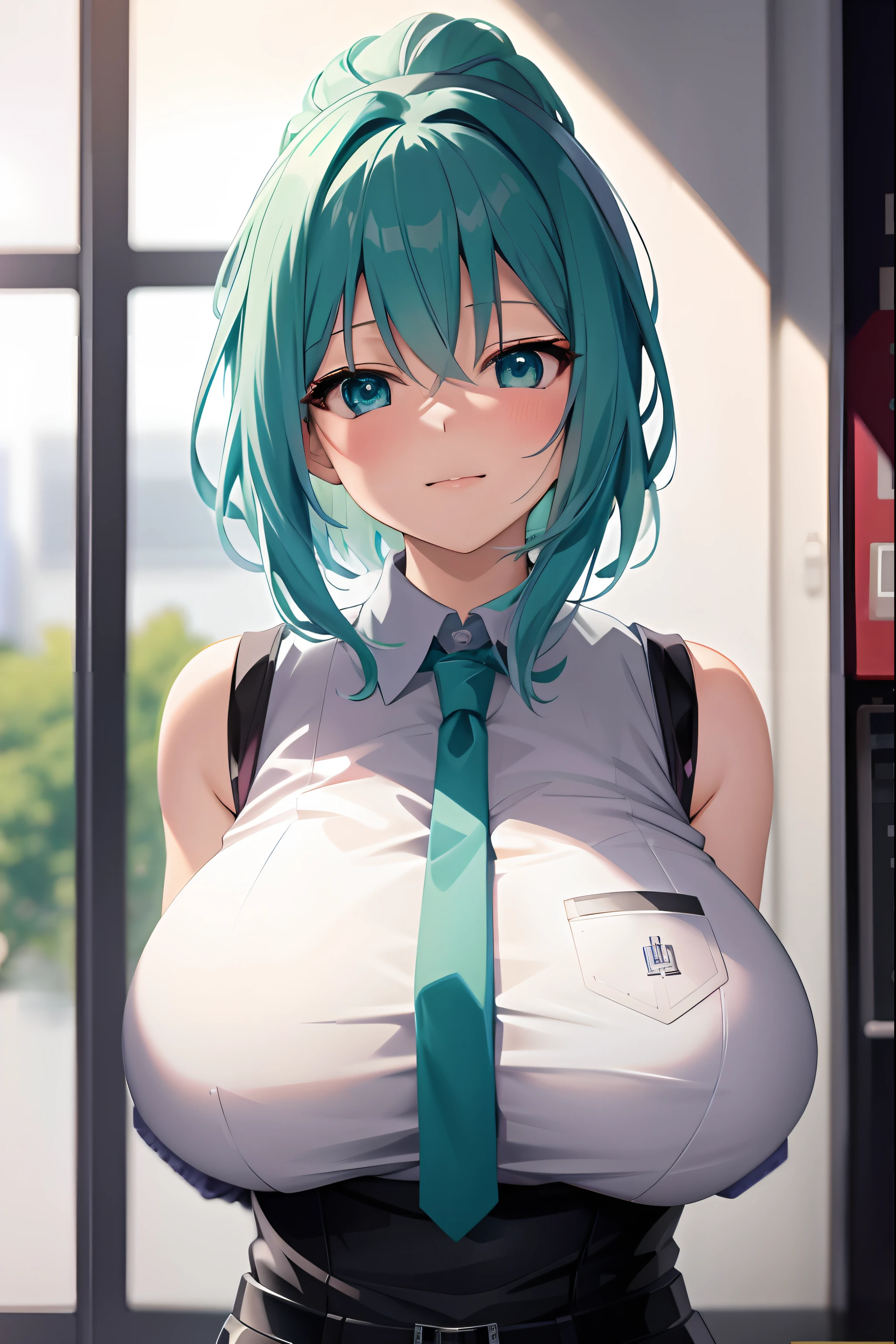 anime girl with pink hair and blue eyes wearing a tie, mikudayo, seductive anime girl, anime girl with teal hair, best anime 4k konachan wallpaper, biomechanical oppai, hatsune miku short hair, top rated on pixiv, (sfw) safe for work, oppai, detailed digital anime art, [ 4 k digital art ]!!