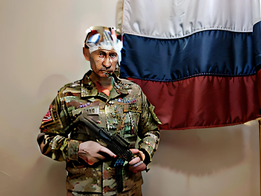 Vladimir Putin in camouflage uniform, serious face, holds pistol and cresset in hands, flag of Russia on the wall