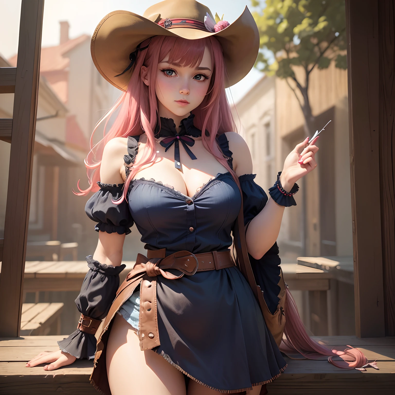 8k, masterpiece, best quality, realistic, higly detailed, cowboy shot, 1girl, solo, Nino, cute, cold-looking girl, waist-length straight hair, square bangs hanging over eyebrows, reddish-pink hair, twin butterfly-shaped ribbons on both sides of head, dark blue eyes, average height, well-endowed figure, large breasts, fashionable girl, various cute accessories, takes care of nails, Cowgirl