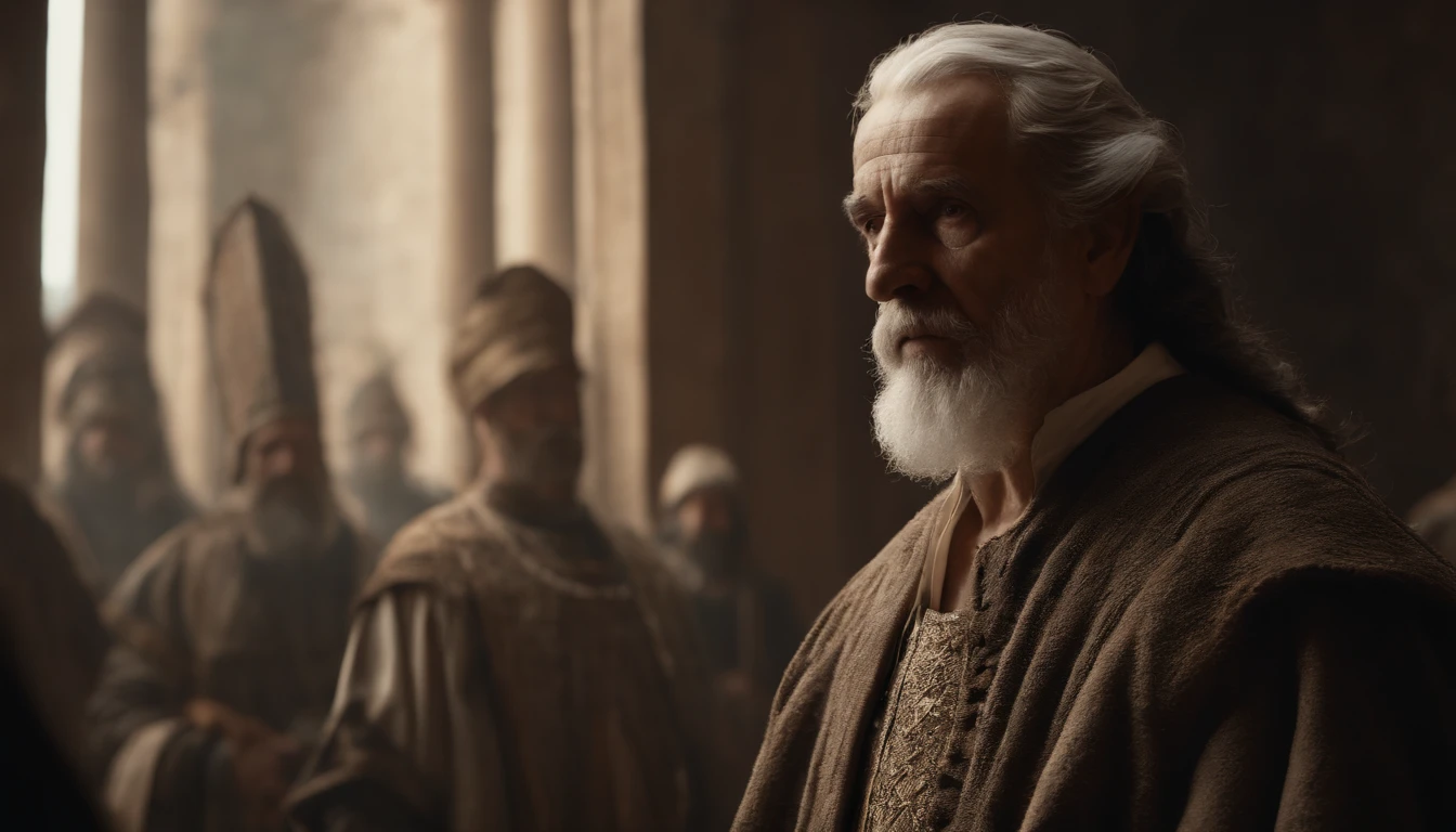 Biblical Job, elderly man wearing Biblical period clothing, standing looking straight ahead as if looking into the camera, Biblical scene, perfect composition, beautiful and intricate and insanely detailed octane rendering, trending in art season, artistic photography 8k, photorealistic concept art, soft natural volumetric cinematic perfect light, chiaroscuro, award-winning photography, masterpiece, oil on canvas, Raphael, Caravaggio, Greg Rutkowski, Beeple, Beksinski, Giger, frontal image, perfect composition, beautiful detailed intricate insanely detailed octane render trending on artstation, 8 k artistic photography, photorealistic concept art, soft natural volumetric cinematic perfect light, chiaroscuro, award - winning photograph, masterpiece, oil on canvas, raphael, caravaggio, greg rutkowski, beeple, beksinski, giger