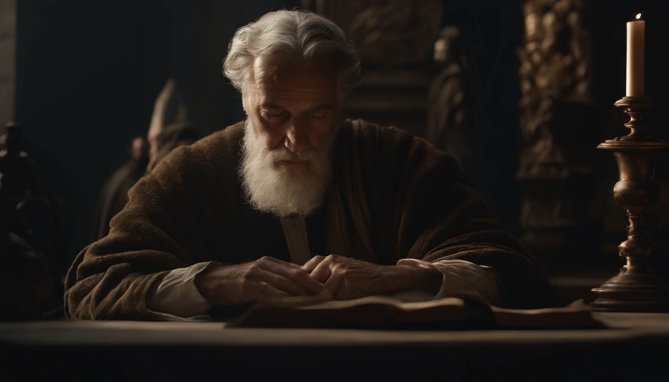 Biblical Job, elderly man wearing Biblical period clothing, standing looking straight ahead as if looking into the camera, Biblical scene, perfect composition, beautiful and intricate and insanely detailed octane rendering, trending in art season, artistic photography 8k, photorealistic concept art, soft natural volumetric cinematic perfect light, chiaroscuro, award-winning photography, masterpiece, oil on canvas, Raphael, Caravaggio, Greg Rutkowski, Beeple, Beksinski, Giger, frontal image, perfect composition, beautiful detailed intricate insanely detailed octane render trending on artstation, 8 k artistic photography, photorealistic concept art, soft natural volumetric cinematic perfect light, chiaroscuro, award - winning photograph, masterpiece, oil on canvas, raphael, caravaggio, greg rutkowski, beeple, beksinski, giger