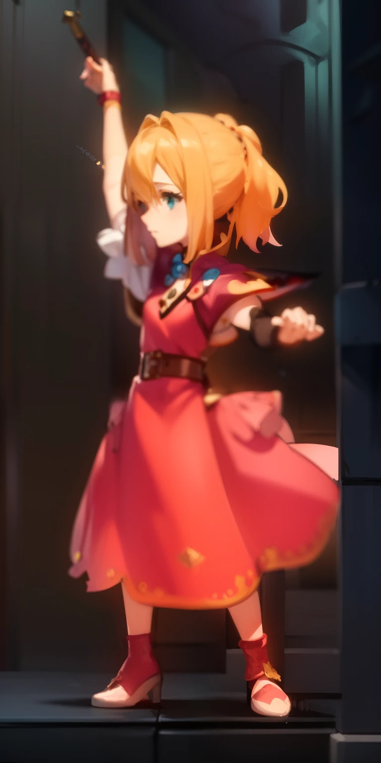Um close up de um personagem de videogame em um vestido rosa, Senhora na armadura vermelha, chrono gatilho guilty gear estilo, Sprite, Feito em fabricante de RPG, Sprite de corpo inteiro, sprite de videogame, final fantasy tactics character, Retrato glamouroso de Aerith, sprite visual novel, she is holding a sword, Personagem JRPG, 1 imagem , Estilo realista, Maria Castlevania Simphony da Noite,