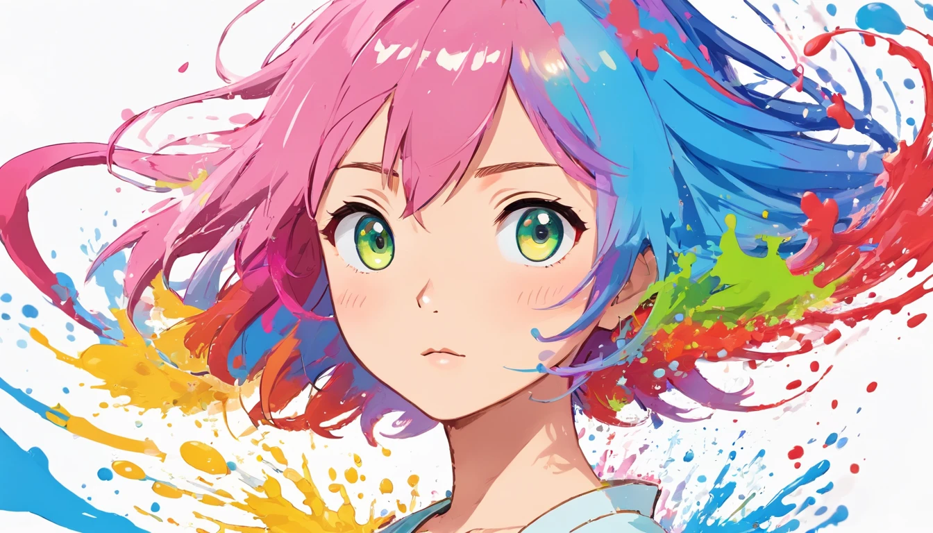 1 female, short green hair, teenager female, smile facial, An artist, colorful background city, Stunning light from distant brightens the scene, paintbrush, colorful clothes, Casts a deep shadow on the clothes, close up, masterpiece