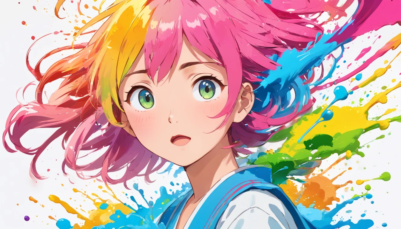 (Masterpiece, Best Quality, High Resolution), White Background, ((Paint Splash, Color Splash, Splash of Ink, Color Splash)), Sweet Chinese Girl, Rainbow Hair, Pink Lips, Front, Upper Body