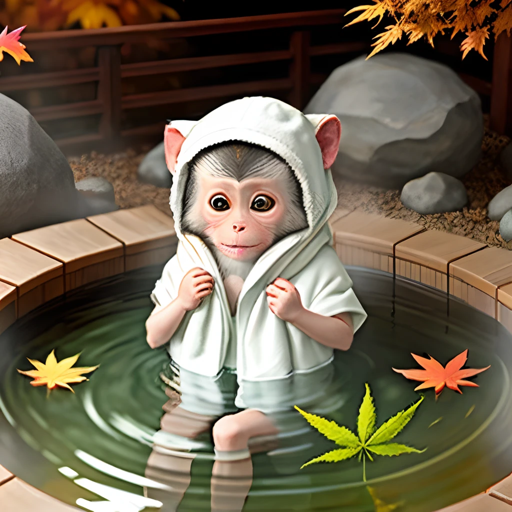 Hot springs for autumn leaves、Soak in the hot springs、e chipanese macaque with towel on head holding sativa leaves、japanese manga style、ganja、