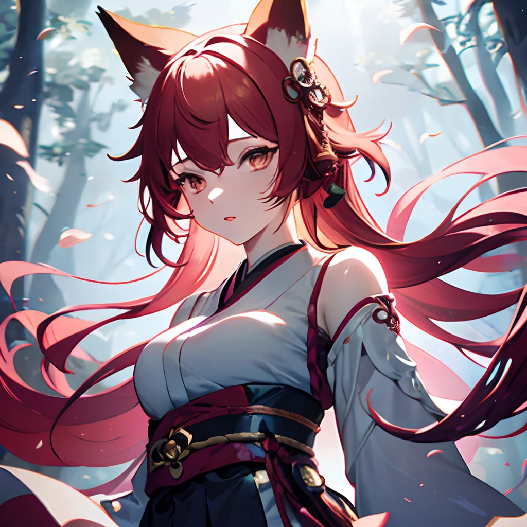 girl with fox ears, Kitsune Girl, (hair color) Orange-red hair, (eyecolor) Orange Eyes, (Lip color) pale pink lips, (countenance) Gentle & Serene, (The clothes) white  shirt, black skirt and black robe, (Background) Green dark forest with fireflies, full of fireflies, (illumination) Soft golden sunlight, seeping through the trees, (artstyle) A combination of traditional Japanese painting and anime illustrations, (Color scheme) A harmonious combination of pastel shades with bright red splashes of flower petals, (material) Breathtaking digital illustration with hyper-realistic details and textures, (Additional Information) Thin streams of fox flame swirl around the girl, creating an ethereal atmosphere. (Best Quality, hight resolution), Ultra-detailed, Realistic, bright colours, bokeh.